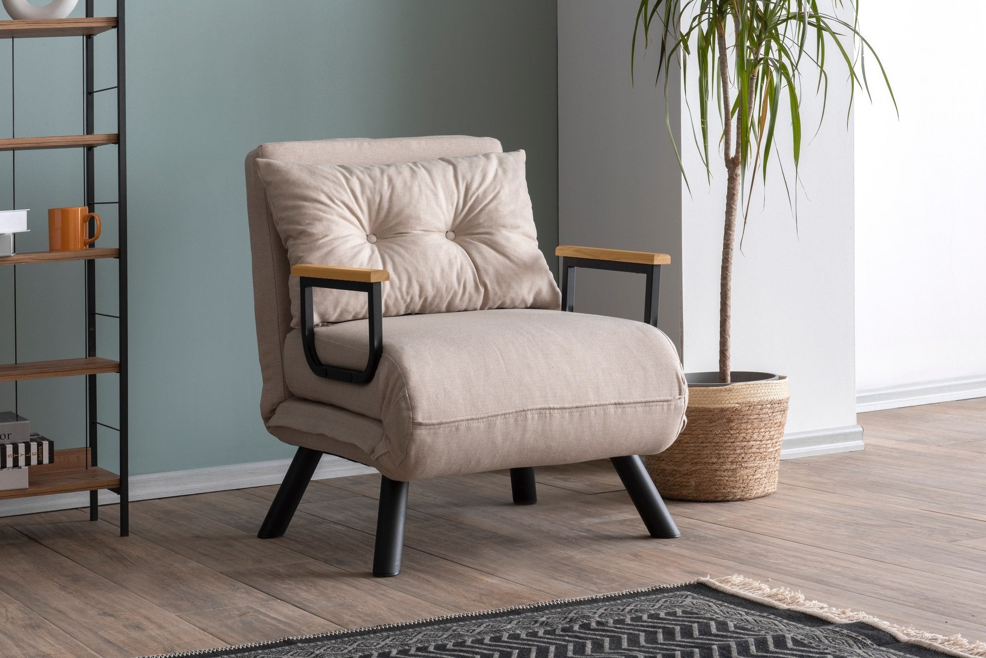 Sofá-cama versátil de 1 lugar, tecido de linho creme, estrutura 100% metálica | Encosto ajustável em 14 níveis, fácil conversão, peso máximo de 100 kg | Elegante e funcional