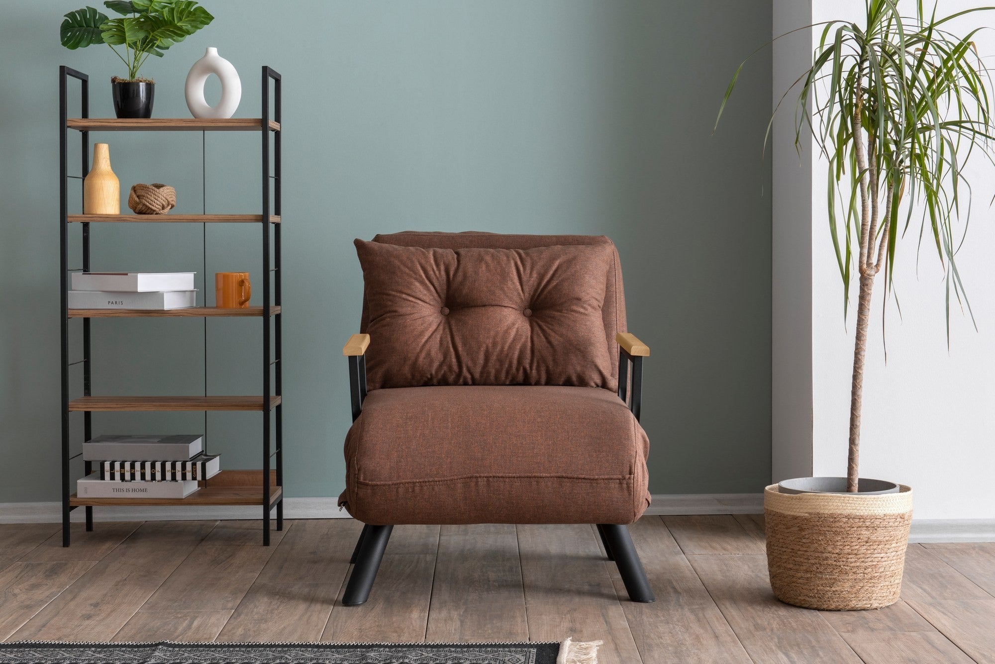 Sofá-cama versátil de 1 lugar, marrom claro, estrutura 100% metálica | Tecido de linho, encosto ajustável em 14 níveis, fácil conversão, peso máximo de 100 kg | Perfeito para espaços pequenos