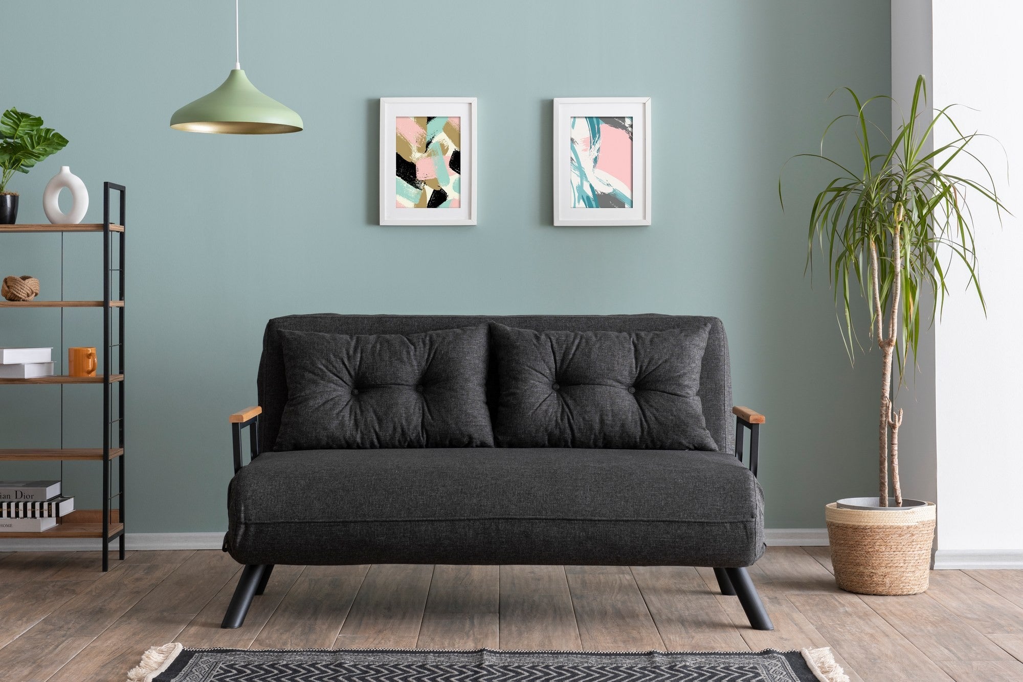 Sofá-cama elegante de 2 lugares, tecido de linho cinza escuro, estrutura 100% metálica | Encosto ajustável em 14 níveis, transforma-se em cama, peso máximo de 200 kg | Perfeito para espaços de convivência modernos