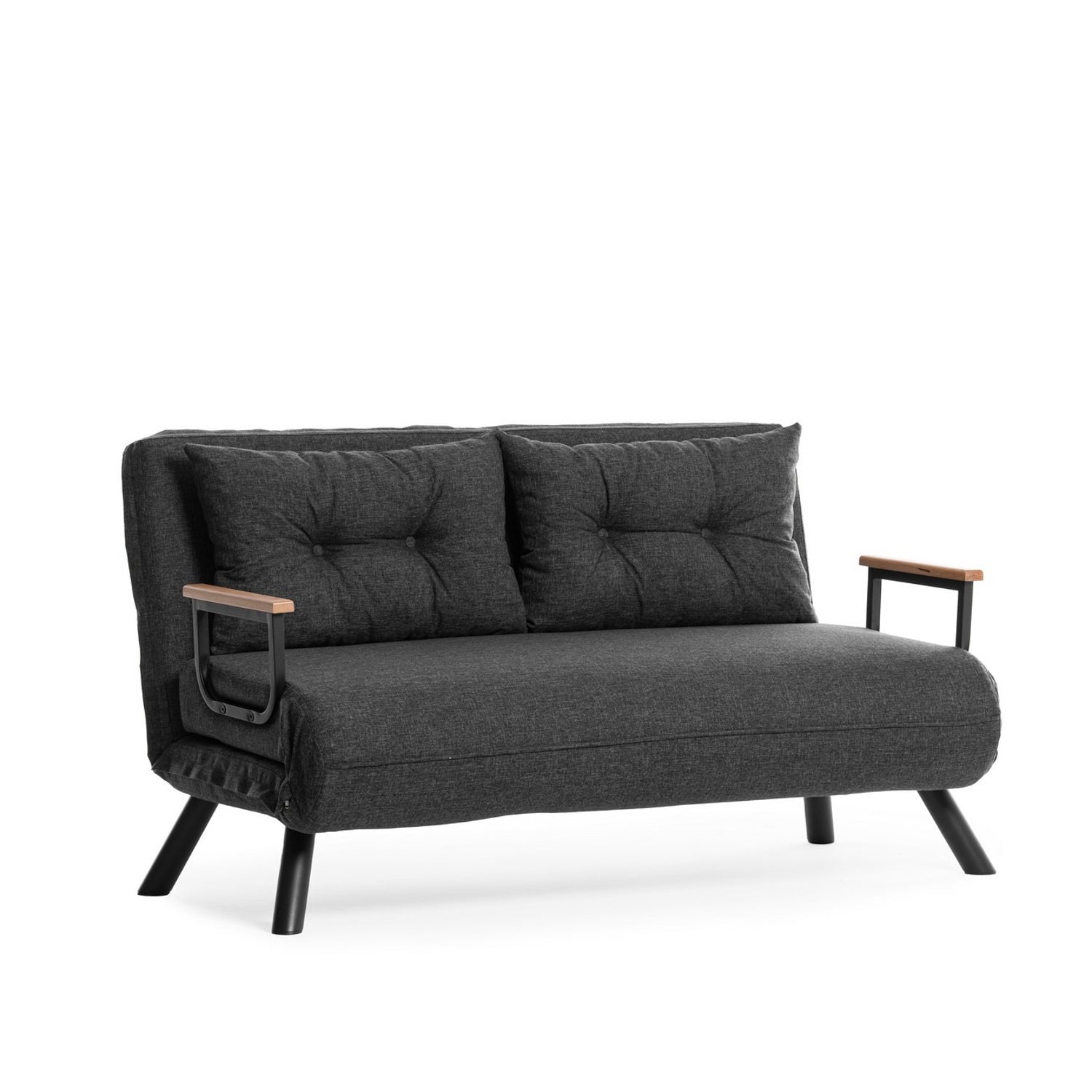 Sofá-cama elegante de 2 lugares, tecido de linho cinza escuro, estrutura 100% metálica | Encosto ajustável em 14 níveis, transforma-se em cama, peso máximo de 200 kg | Perfeito para espaços de convivência modernos