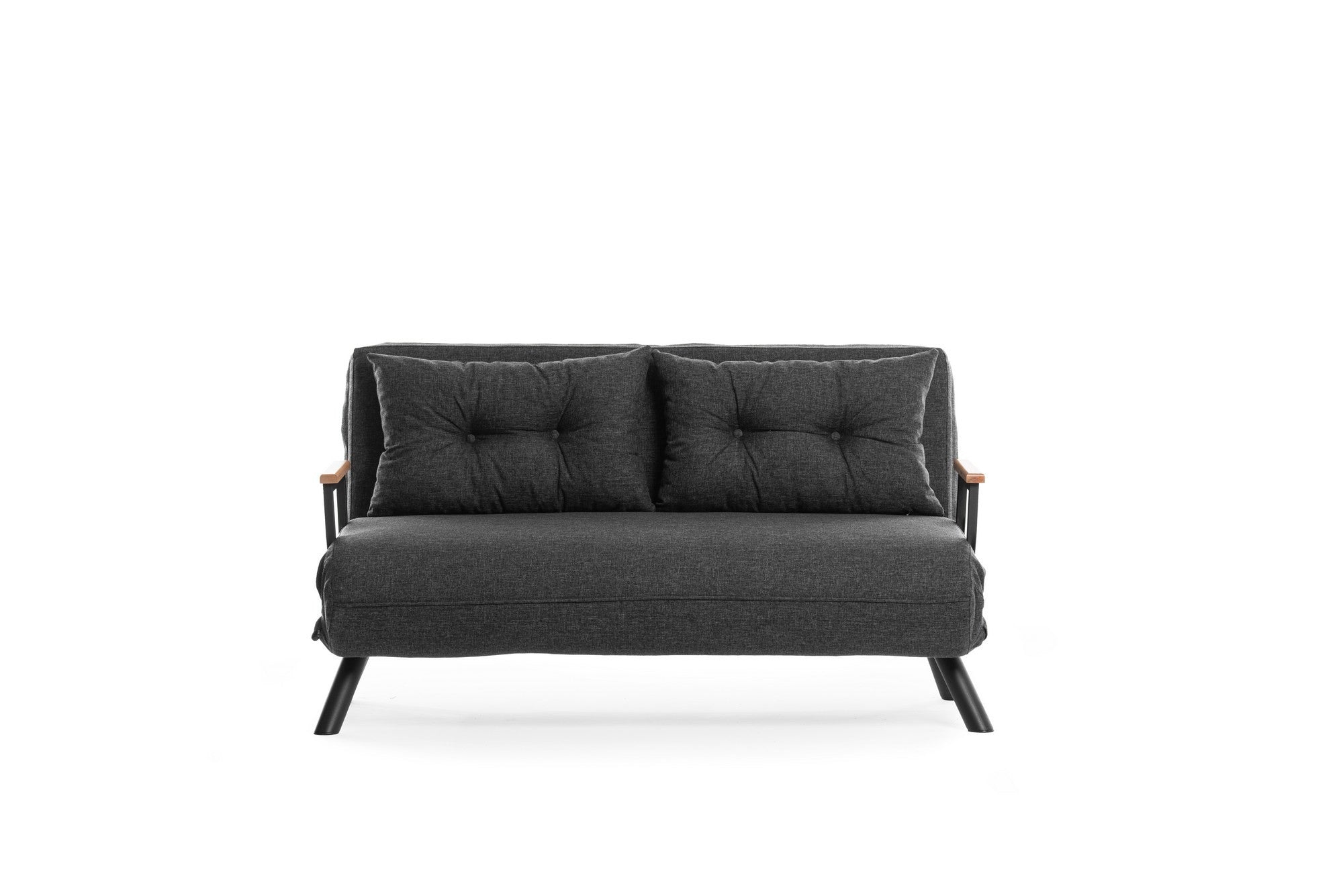 Sofá-cama elegante de 2 lugares, tecido de linho cinza escuro, estrutura 100% metálica | Encosto ajustável em 14 níveis, transforma-se em cama, peso máximo de 200 kg | Perfeito para espaços de convivência modernos