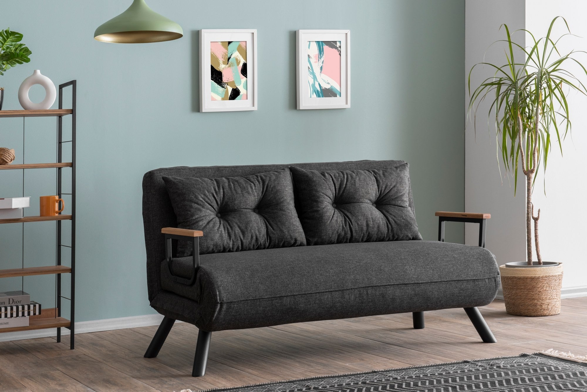 Sofá-cama elegante de 2 lugares, tecido de linho cinza escuro, estrutura 100% metálica | Encosto ajustável em 14 níveis, transforma-se em cama, peso máximo de 200 kg | Perfeito para espaços de convivência modernos