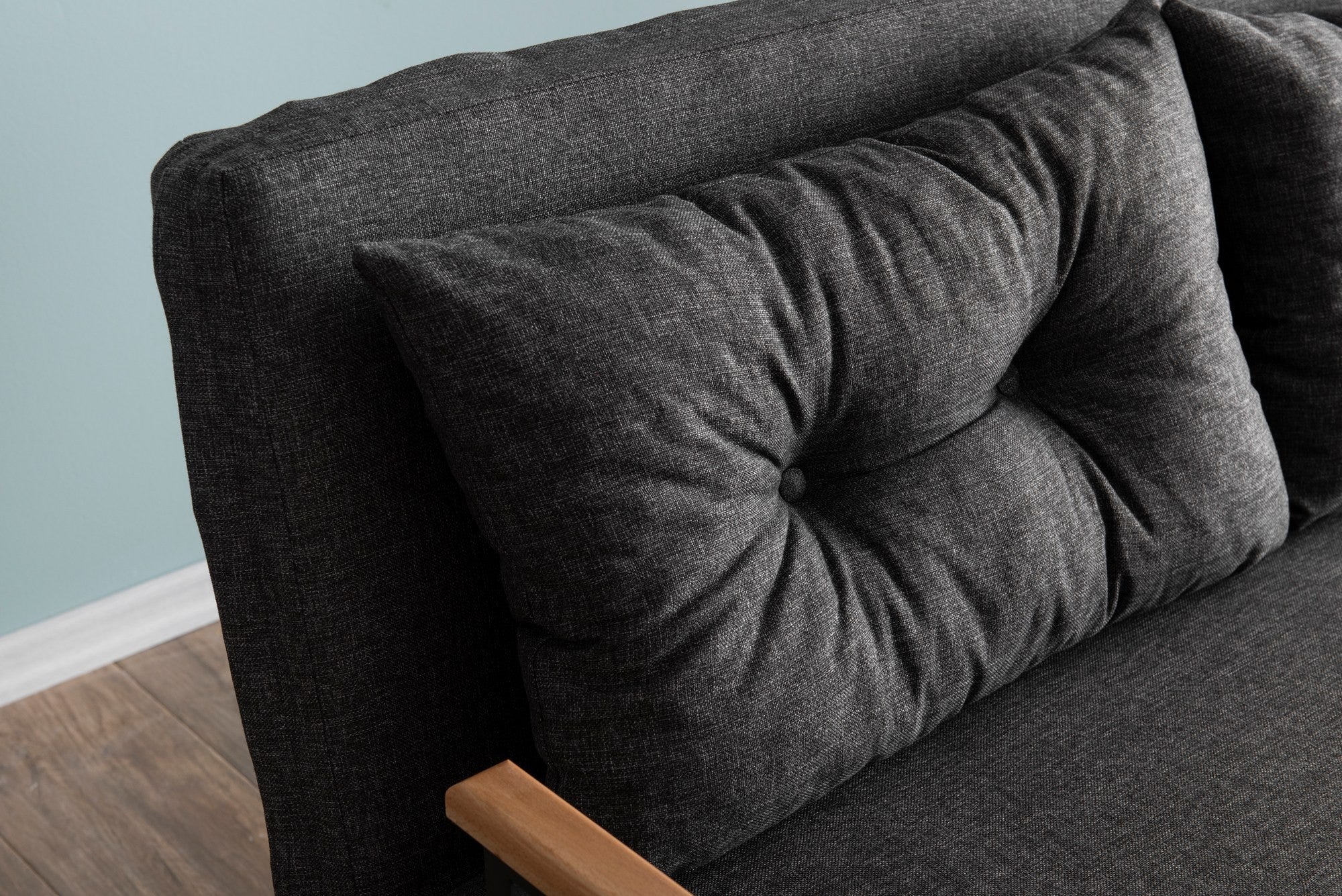Sofá-cama elegante de 2 lugares, tecido de linho cinza escuro, estrutura 100% metálica | Encosto ajustável em 14 níveis, transforma-se em cama, peso máximo de 200 kg | Perfeito para espaços de convivência modernos