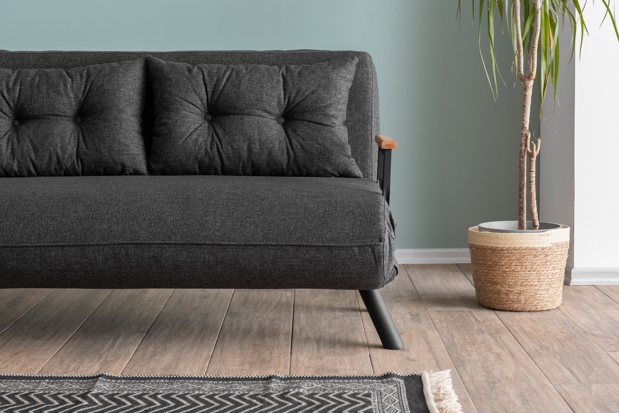 Sofá-cama elegante de 2 lugares, tecido de linho cinza escuro, estrutura 100% metálica | Encosto ajustável em 14 níveis, transforma-se em cama, peso máximo de 200 kg | Perfeito para espaços de convivência modernos