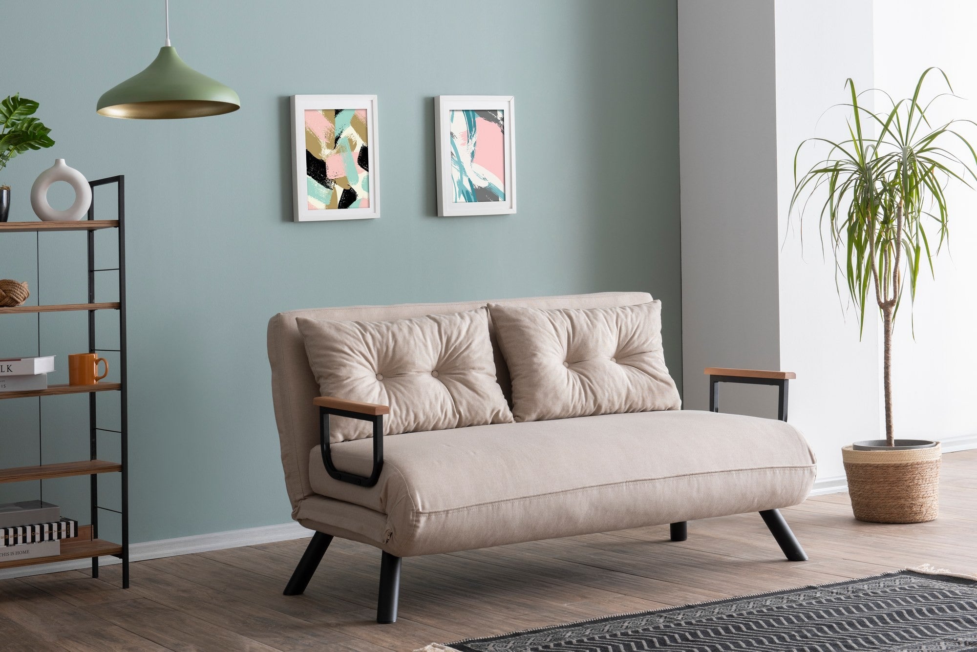 Sofá-cama elegante de 2 lugares, tecido de linho creme, estrutura 100% metálica | Encosto ajustável em 14 níveis, fácil conversão, peso máximo de 200 kg | Perfeito para espaços modernos
