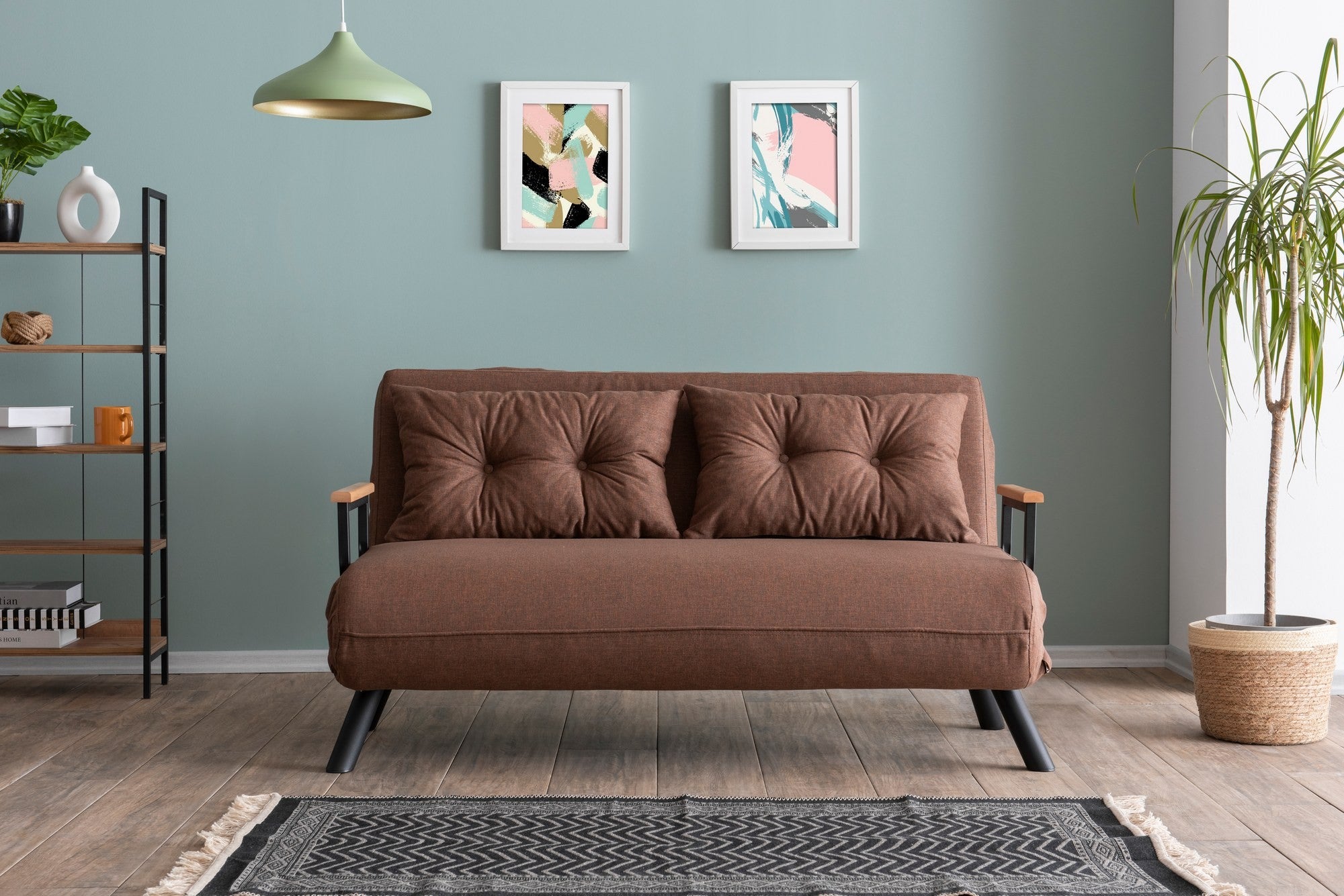 Sofá-cama marrom claro de 2 lugares, estrutura 100% metálica, tecido de linho, encosto ajustável em 14 níveis, converte-se facilmente, peso máximo de 200 kg, elegante e funcional