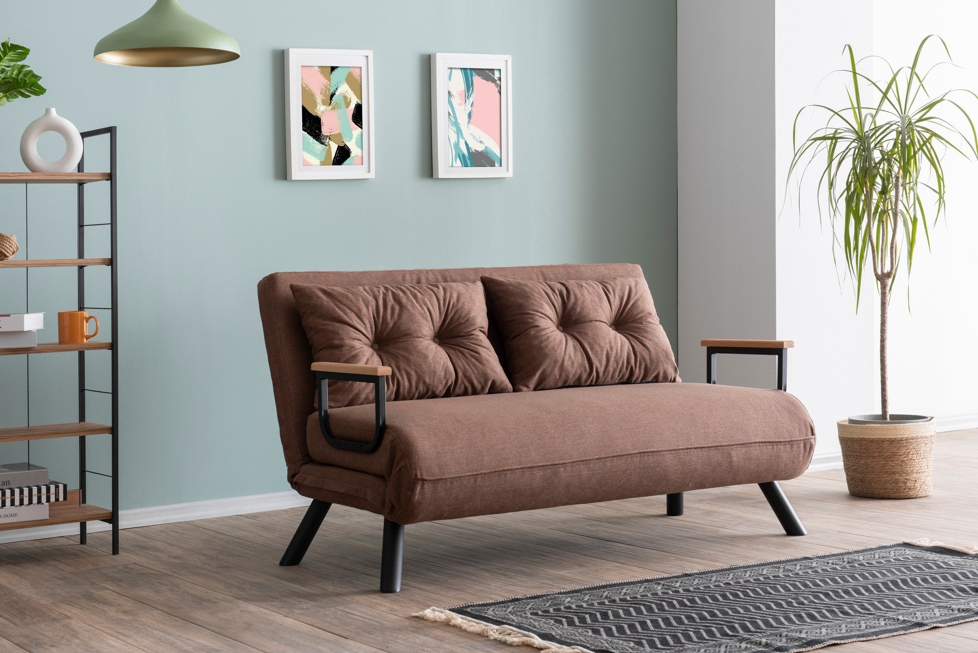 Sofá-cama marrom claro de 2 lugares, estrutura 100% metálica, tecido de linho, encosto ajustável em 14 níveis, converte-se facilmente, peso máximo de 200 kg, elegante e funcional