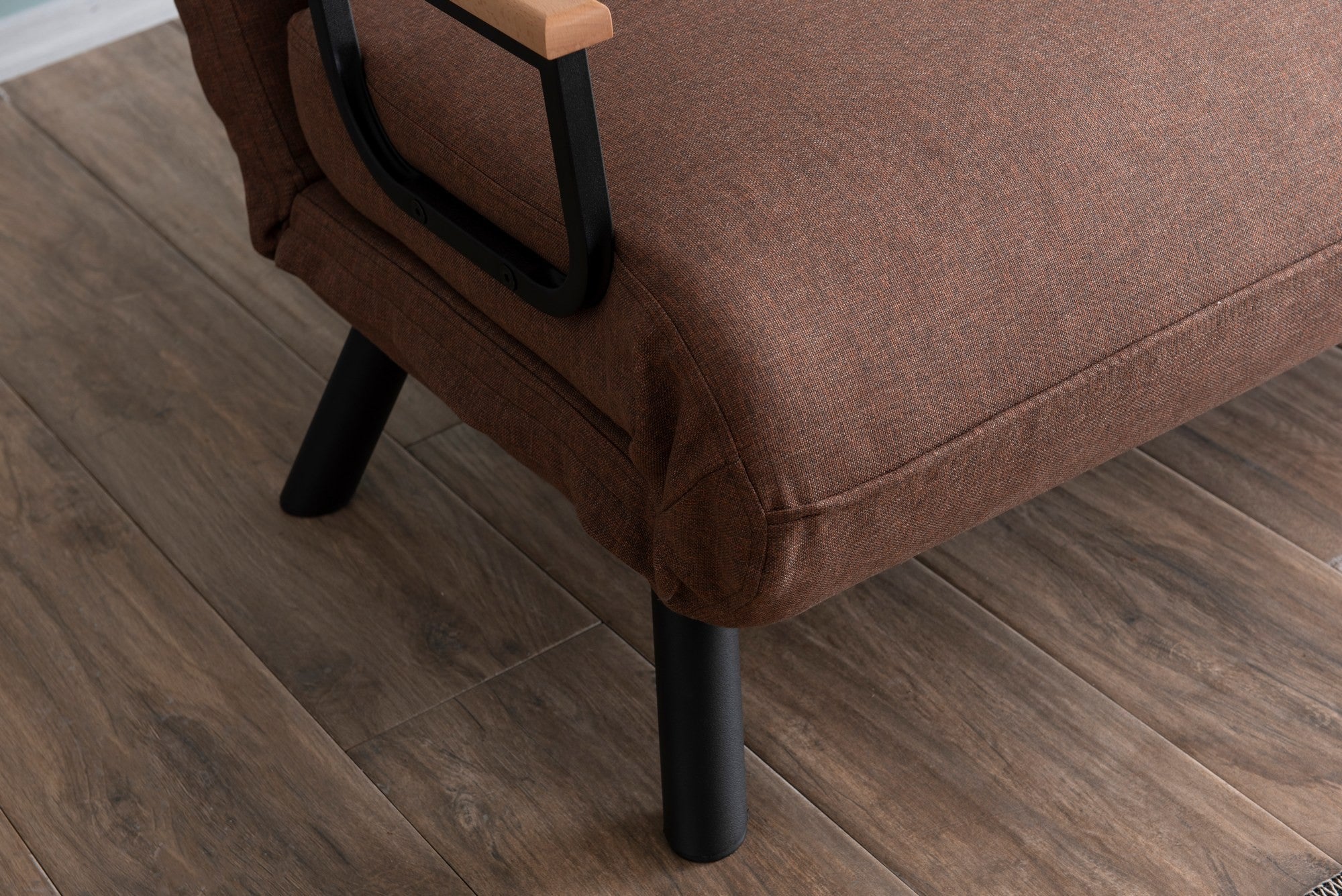 Sofá-cama marrom claro de 2 lugares, estrutura 100% metálica, tecido de linho, encosto ajustável em 14 níveis, converte-se facilmente, peso máximo de 200 kg, elegante e funcional