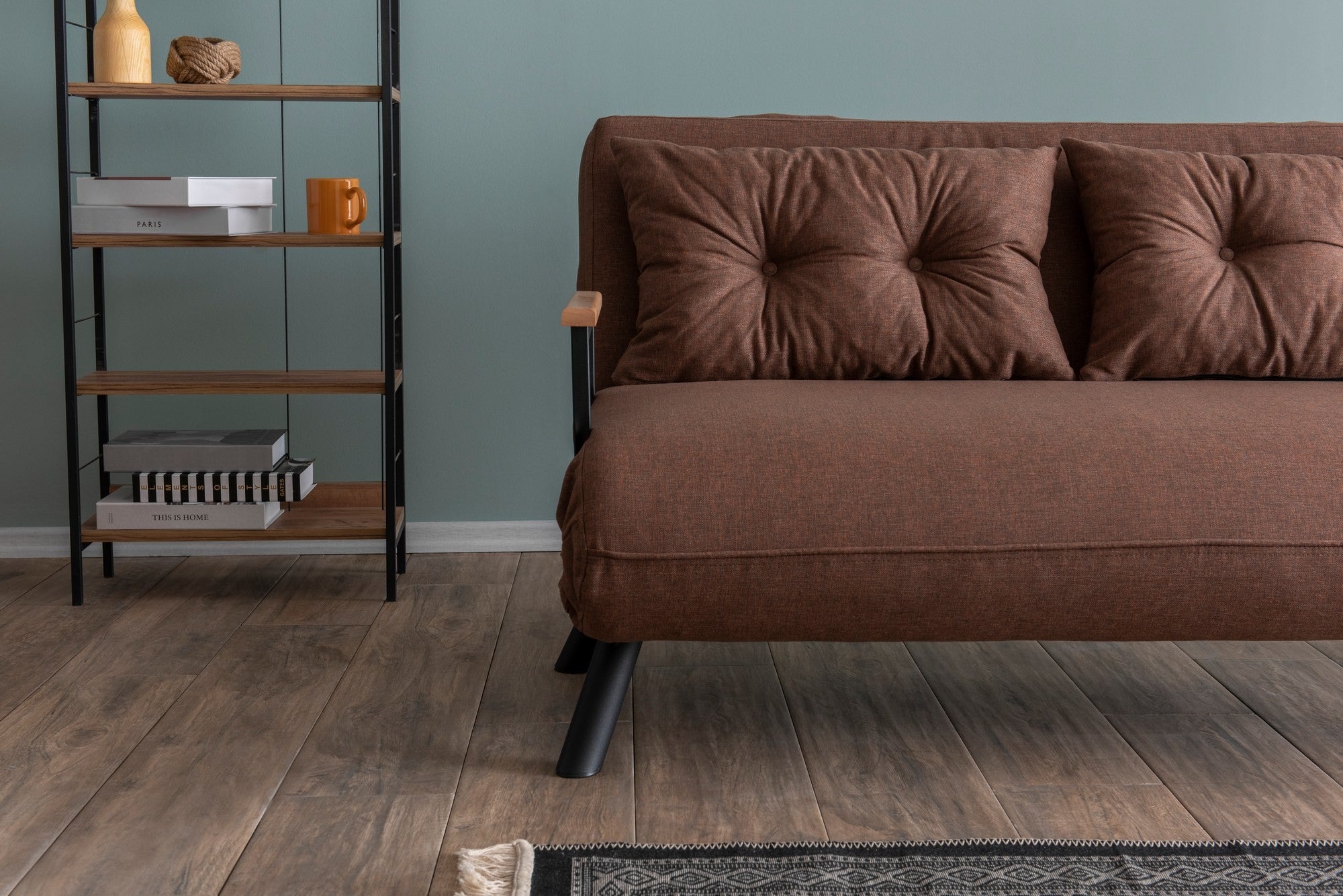 Sofá-cama marrom claro de 2 lugares, estrutura 100% metálica, tecido de linho, encosto ajustável em 14 níveis, converte-se facilmente, peso máximo de 200 kg, elegante e funcional