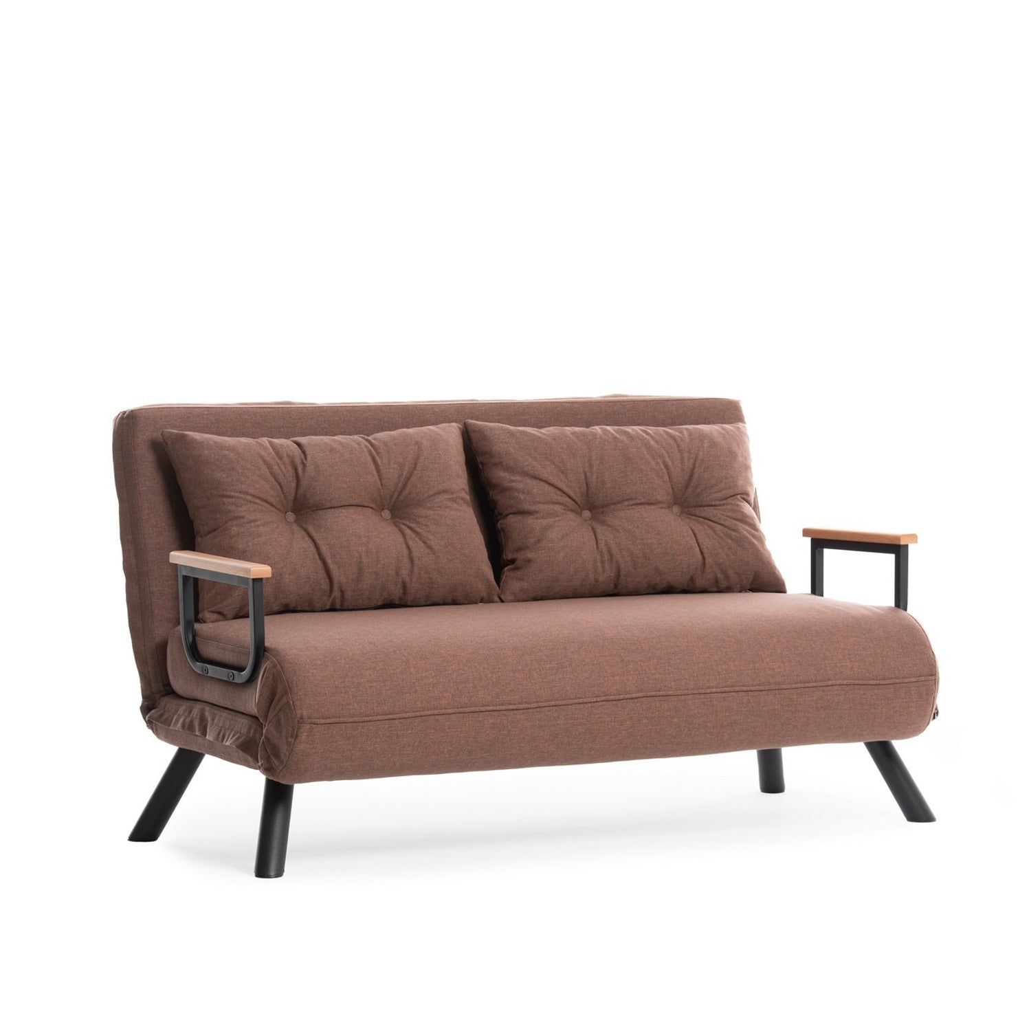 Sofá-cama marrom claro de 2 lugares, estrutura 100% metálica, tecido de linho, encosto ajustável em 14 níveis, converte-se facilmente, peso máximo de 200 kg, elegante e funcional