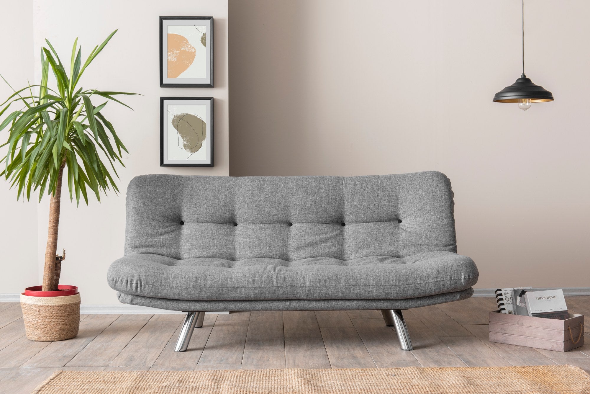 Sofá-cama versátil de 3 lugares, tecido de linho cinza claro, estrutura 100% metálica | Encosto multiposições, capacidade de 200 kg | Perfeito para sala de estar e quarto de hóspedes
