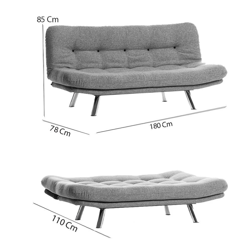 Sofá-cama versátil de 3 lugares, tecido de linho cinza claro, estrutura 100% metálica | Encosto multiposições, capacidade de 200 kg | Perfeito para sala de estar e quarto de hóspedes