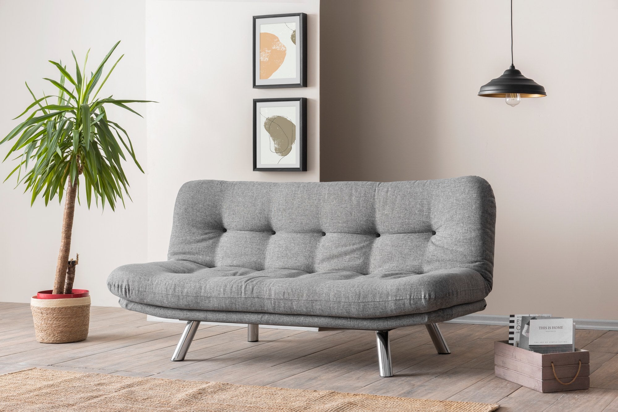 Sofá-cama versátil de 3 lugares, tecido de linho cinza claro, estrutura 100% metálica | Encosto multiposições, capacidade de 200 kg | Perfeito para sala de estar e quarto de hóspedes
