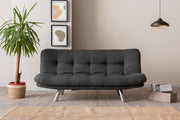 Sofá-cama elegante de 3 lugares, cinza escuro, estrutura 100% metálica, tecido de linho, encosto multiposições, capacidade de 200 kg, perfeito para sala de estar e quarto de hóspedes