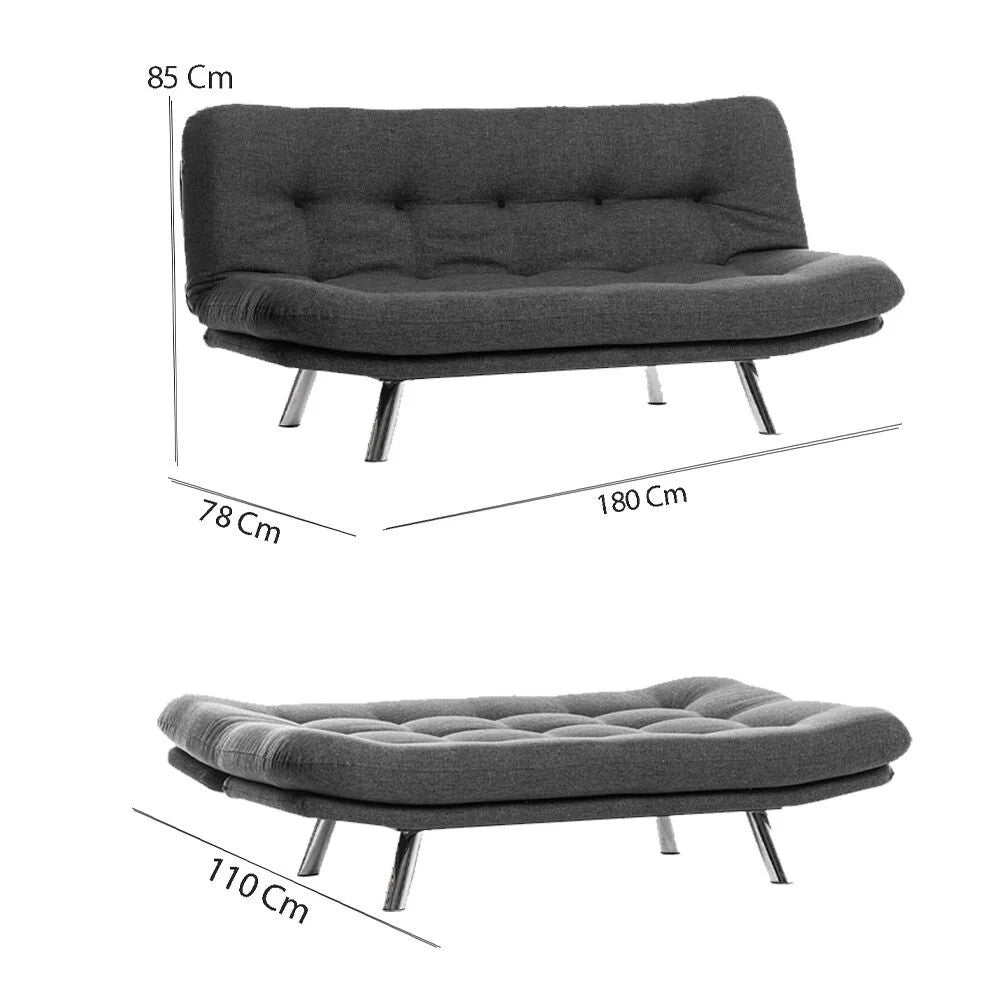 Sofá-cama elegante de 3 lugares, cinza escuro, estrutura 100% metálica, tecido de linho, encosto multiposições, capacidade de 200 kg, perfeito para sala de estar e quarto de hóspedes