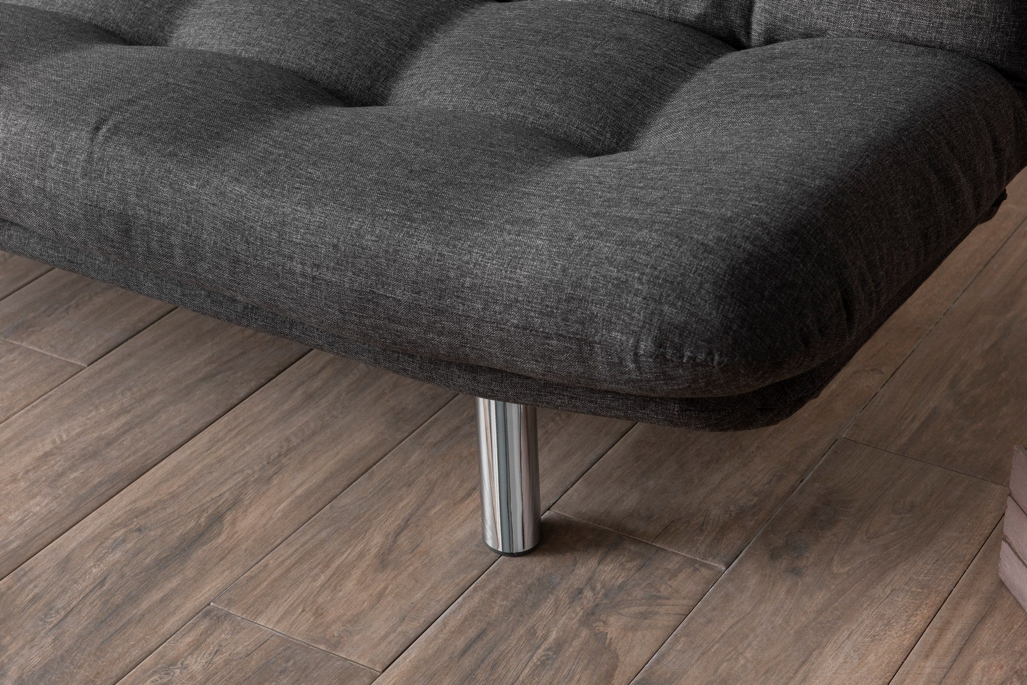 Sofá-cama elegante de 3 lugares, cinza escuro, estrutura 100% metálica, tecido de linho, encosto multiposições, capacidade de 200 kg, perfeito para sala de estar e quarto de hóspedes