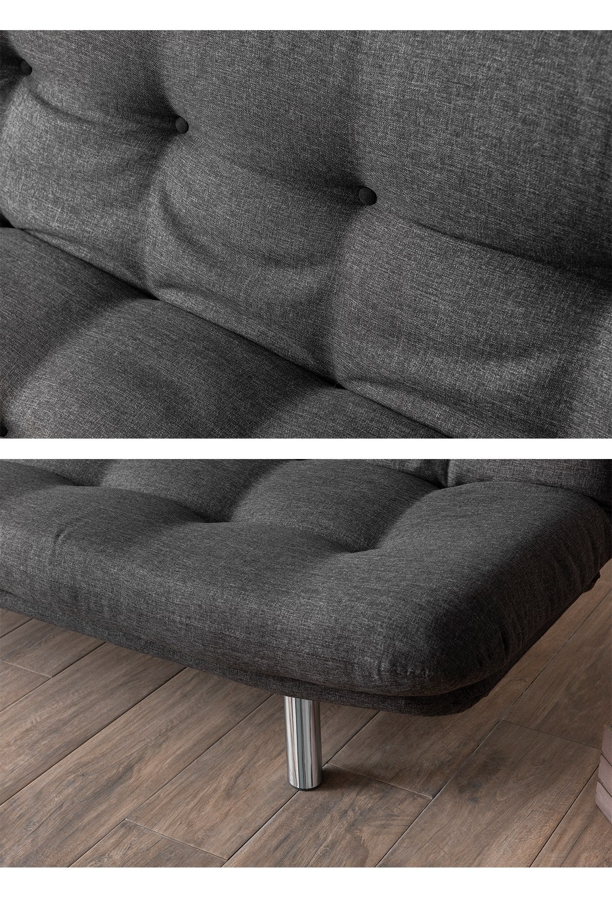 Sofá-cama elegante de 3 lugares, cinza escuro, estrutura 100% metálica, tecido de linho, encosto multiposições, capacidade de 200 kg, perfeito para sala de estar e quarto de hóspedes