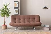 Sofá-cama versátil de 3 lugares, tecido de linho marrom claro, estrutura 100% metálica | Encosto multiposições, capacidade de 200 kg | Perfeito para sala de estar e quarto de hóspedes