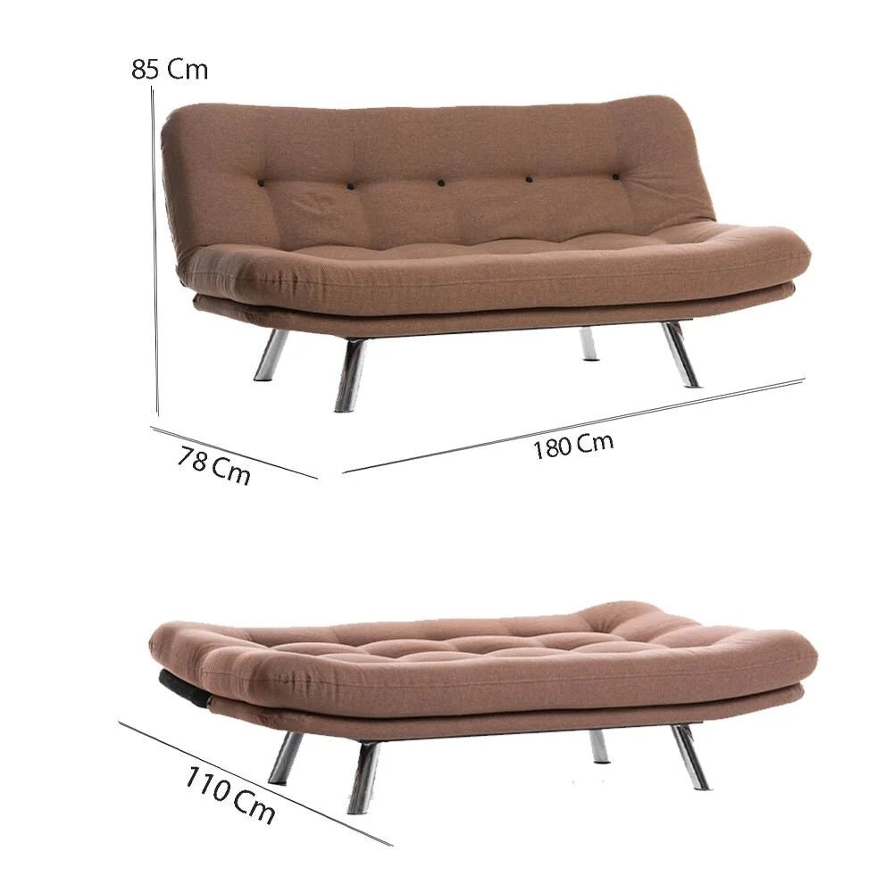 Sofá-cama versátil de 3 lugares, tecido de linho marrom claro, estrutura 100% metálica | Encosto multiposições, capacidade de 200 kg | Perfeito para sala de estar e quarto de hóspedes