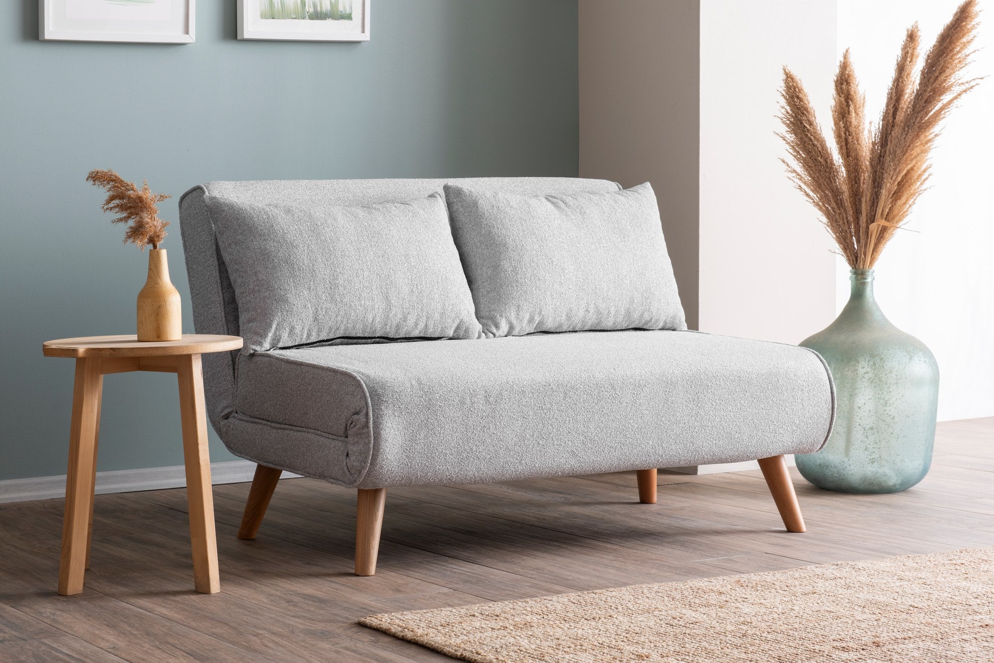 Sofá-cama elegante de 2 lugares, tecido Teddy cinza, 120 x 180 cm | Estrutura 100% metálica, encosto ajustável de 14 níveis, almofadas de espuma DNS de alta densidade e fibra de silicone