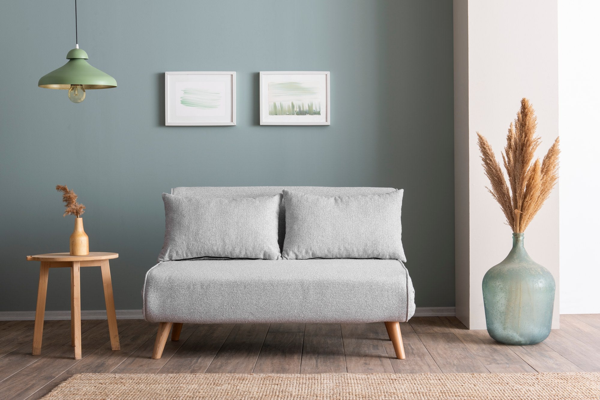 Sofá-cama elegante de 2 lugares, tecido Teddy cinza, 120 x 180 cm | Estrutura 100% metálica, encosto ajustável de 14 níveis, almofadas de espuma DNS de alta densidade e fibra de silicone