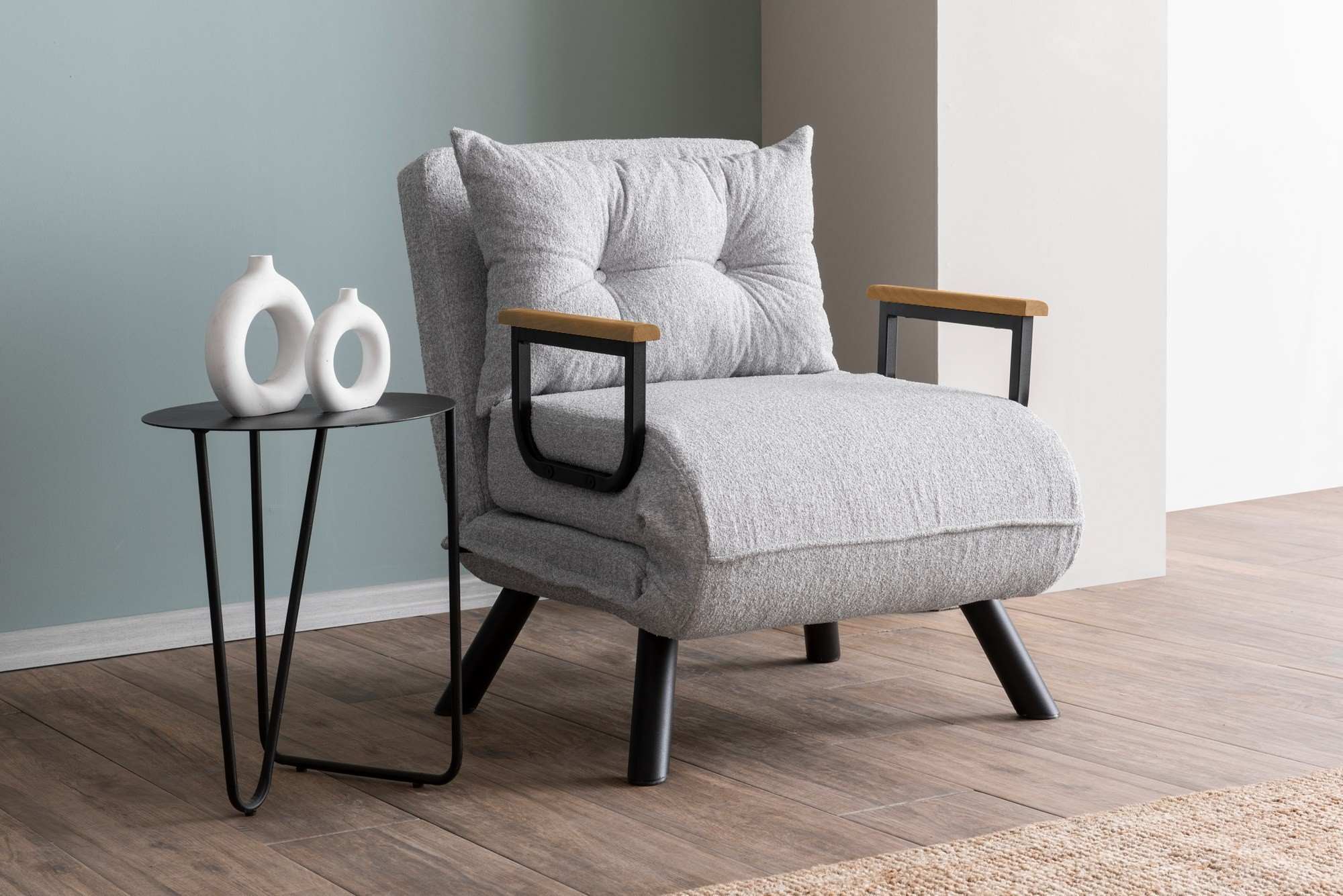 Sofá-cama versátil de 1 lugar, tecido Teddy cinza, estrutura 100% metálica | Encosto ajustável em 14 níveis, fácil conversão, peso máximo de 100 kg | Perfeito para espaços pequenos