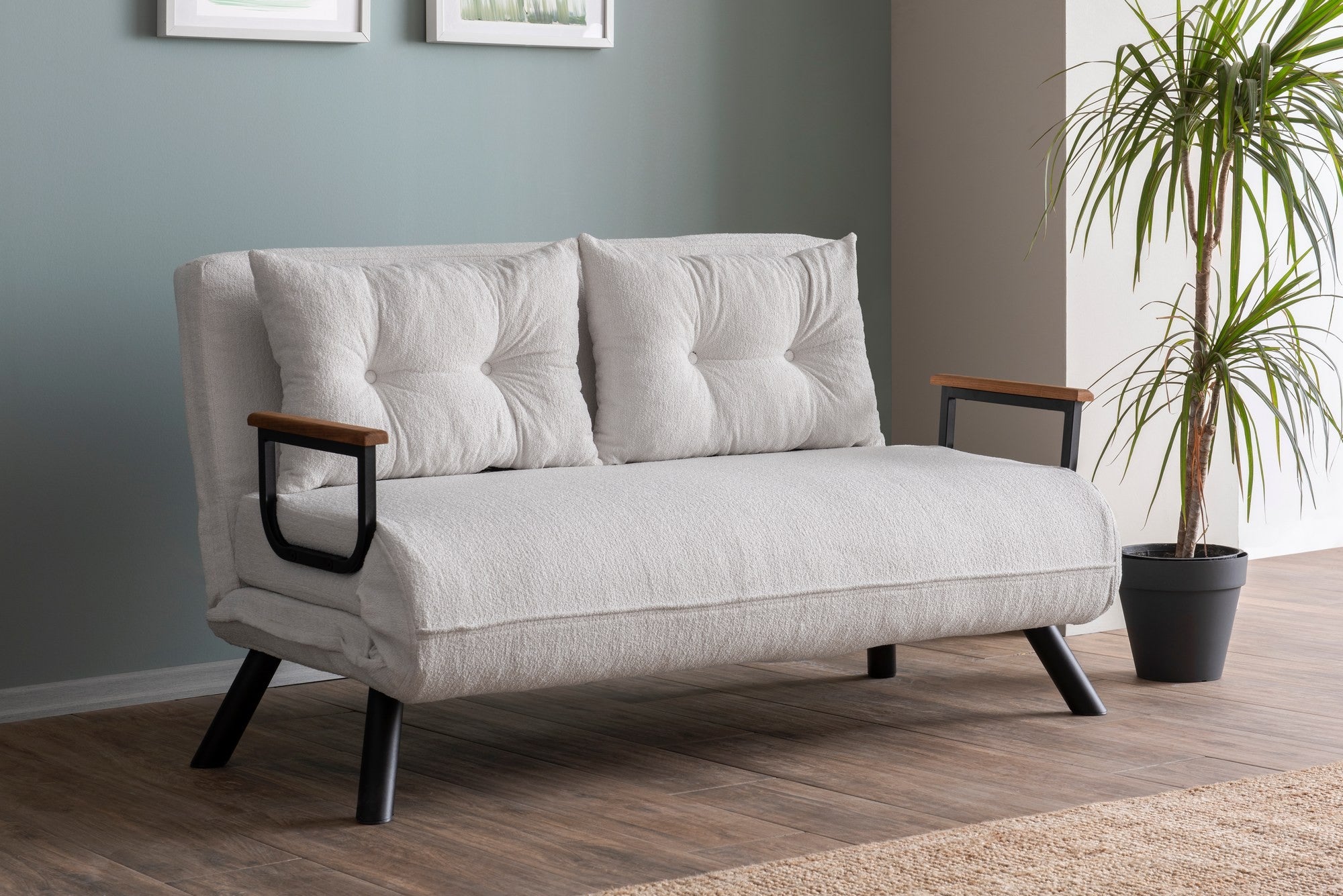 Sofá-cama elegante de 2 lugares, branco, 175 x 133 cm | Estrutura 100% metálica, tecido Teddy, encosto ajustável em 14 níveis | Perfeito para espaços modernos