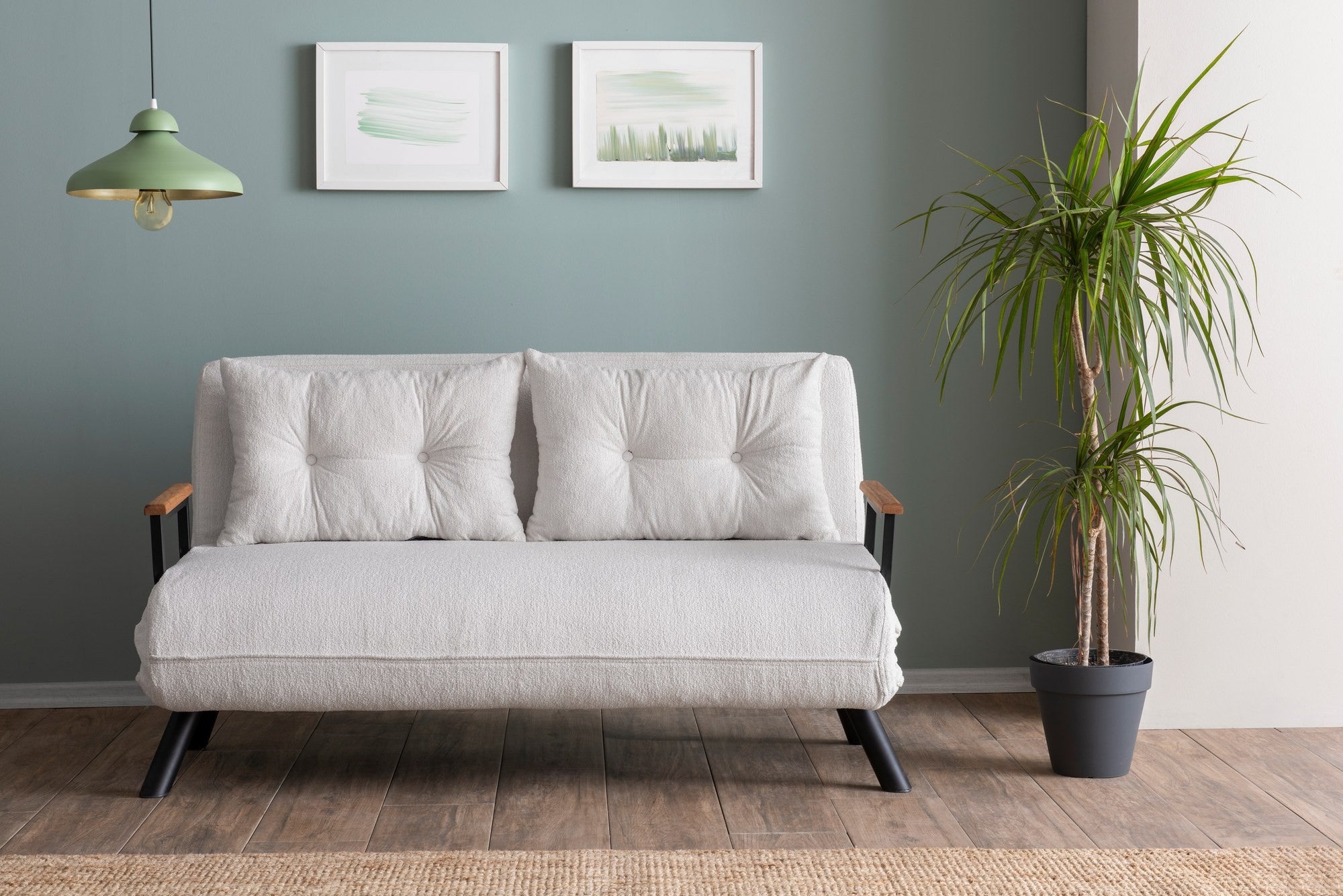 Sofá-cama elegante de 2 lugares, branco, 175 x 133 cm | Estrutura 100% metálica, tecido Teddy, encosto ajustável em 14 níveis | Perfeito para espaços modernos