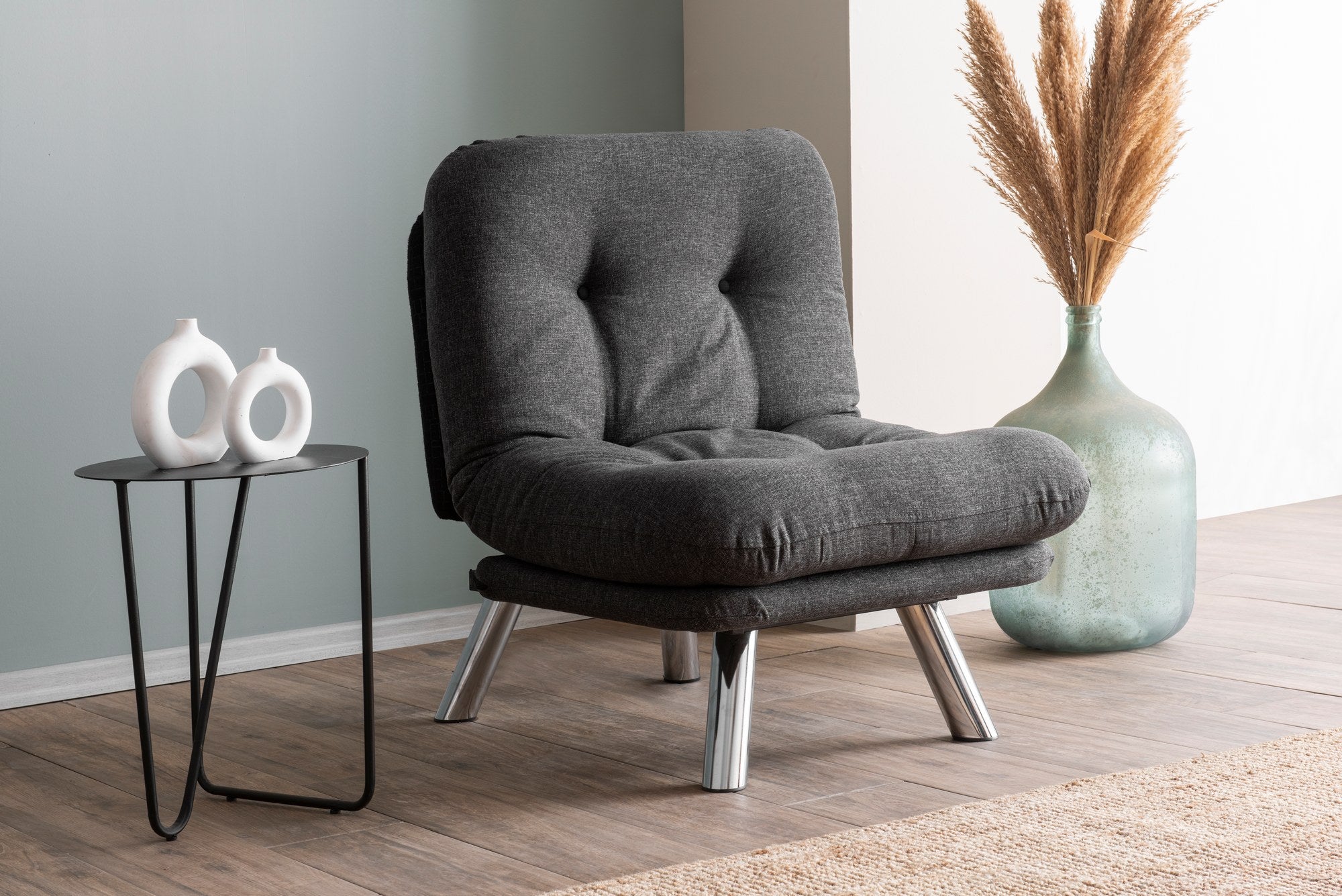 Sofá-cama versátil de 1 lugar, cinza escuro, estrutura 100% metálica, tecido de linho fácil de limpar | Encosto multiposições, capacidade de 100 kg, perfeito para espaços pequenos
