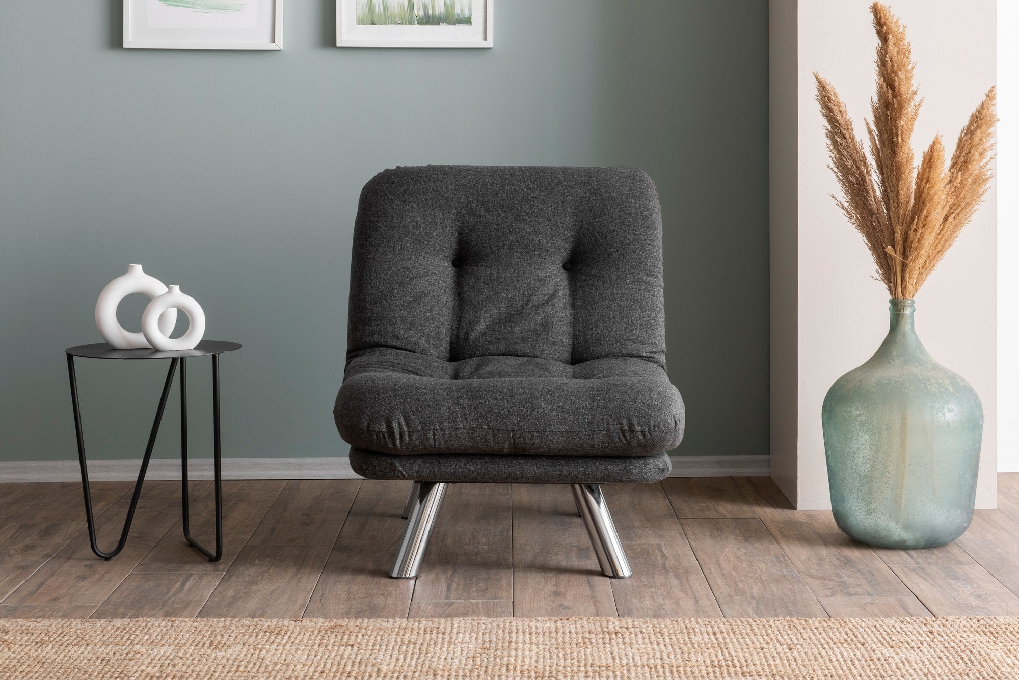 Sofá-cama versátil de 1 lugar, cinza escuro, estrutura 100% metálica, tecido de linho fácil de limpar | Encosto multiposições, capacidade de 100 kg, perfeito para espaços pequenos