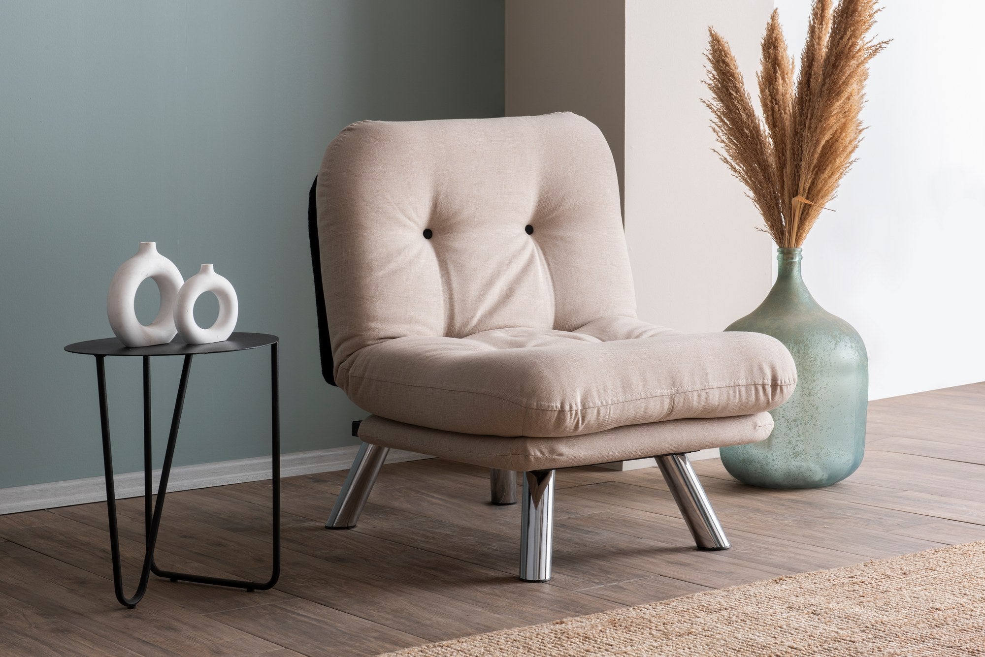 Sofá-cama versátil de 1 lugar, tecido de linho creme, estrutura 100% metálica | Fácil de limpar, encosto multiposições, capacidade para 100 kg | Perfeito para espaços pequenos