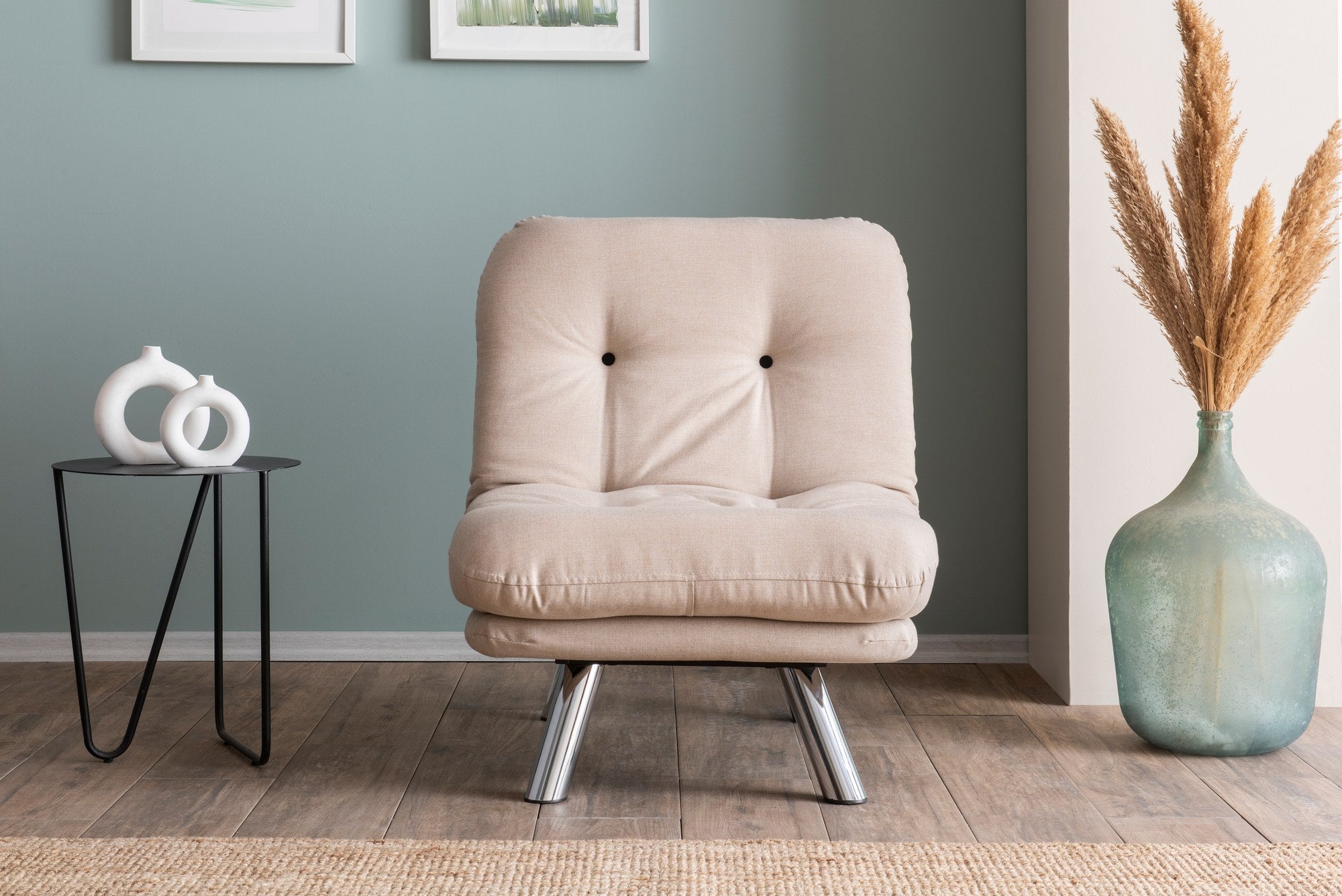 Sofá-cama versátil de 1 lugar, tecido de linho creme, estrutura 100% metálica | Fácil de limpar, encosto multiposições, capacidade para 100 kg | Perfeito para espaços pequenos