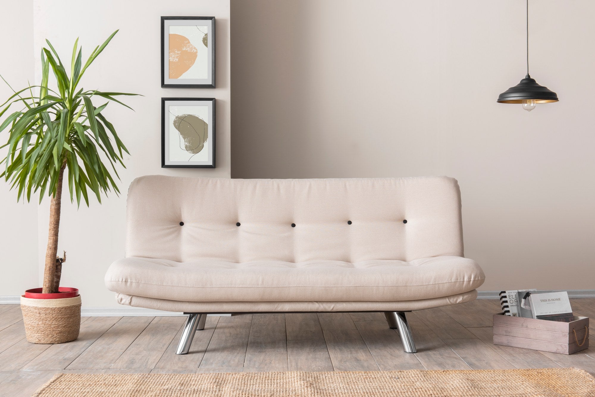 Sofá-cama versátil de 3 lugares, tecido de linho creme, estrutura 100% metálica | Encosto multiposições, capacidade de 200 kg | Perfeito para sala de estar e quarto de hóspedes