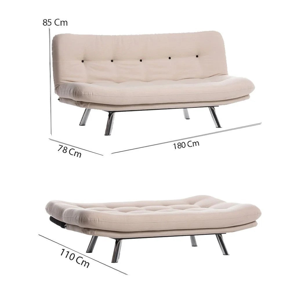 Sofá-cama versátil de 3 lugares, tecido de linho creme, estrutura 100% metálica | Encosto multiposições, capacidade de 200 kg | Perfeito para sala de estar e quarto de hóspedes