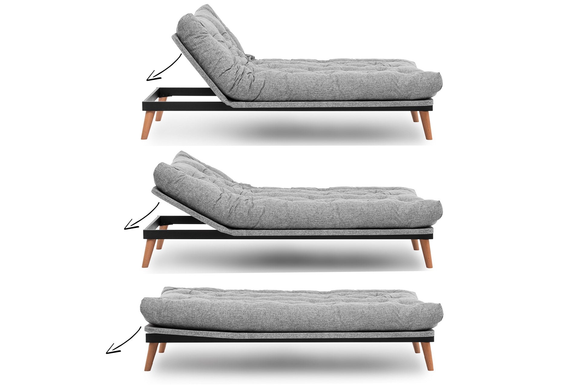 Sofá-cama de 3 lugares, linho cinza claro, 185 x 82 x 92 cm | Estrutura 100% metálica, encosto ajustável em 14 níveis, transforma-se em cama | Design elegante e funcional
