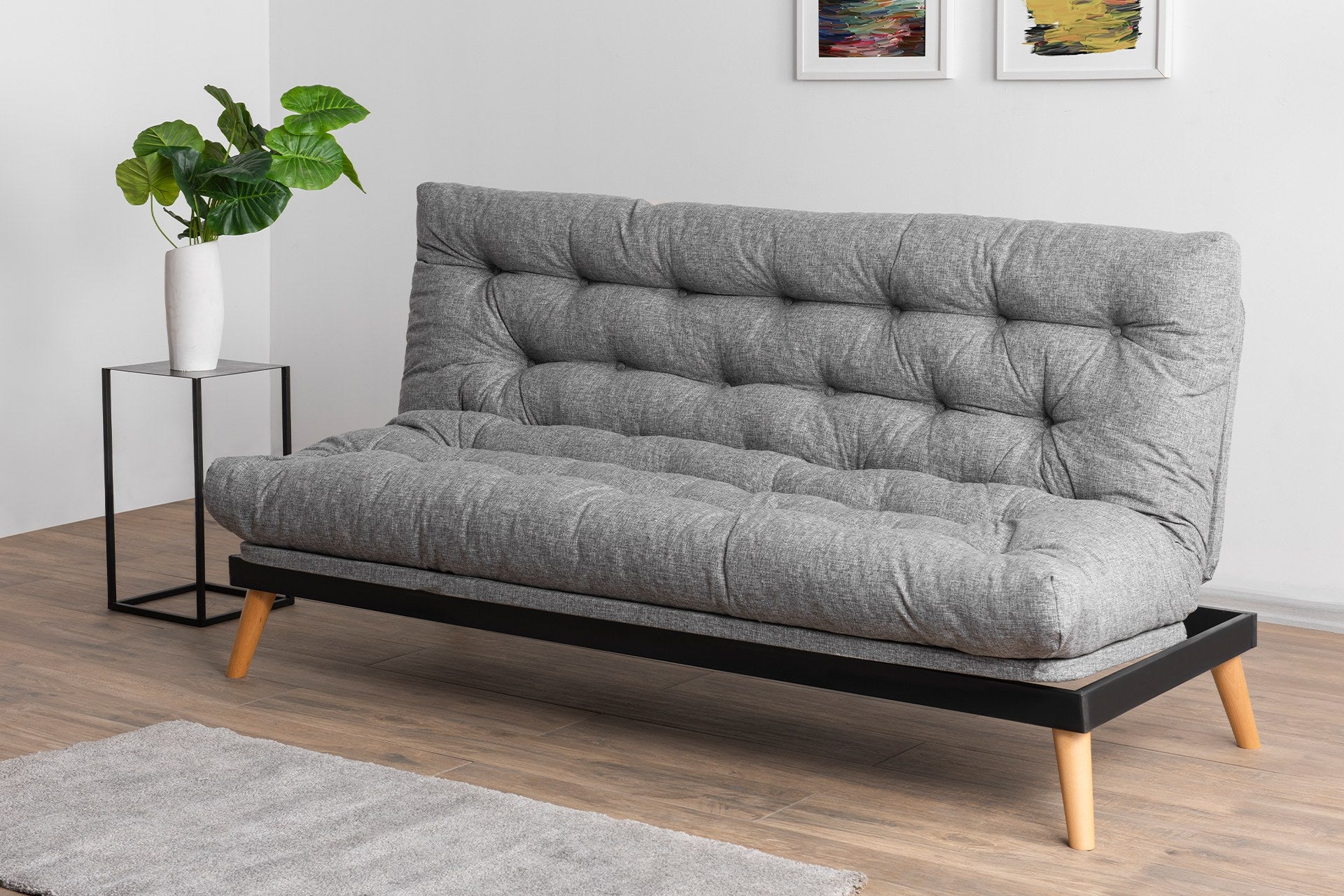 Sofá-cama de 3 lugares, linho cinza claro, 185 x 82 x 92 cm | Estrutura 100% metálica, encosto ajustável em 14 níveis, transforma-se em cama | Design elegante e funcional