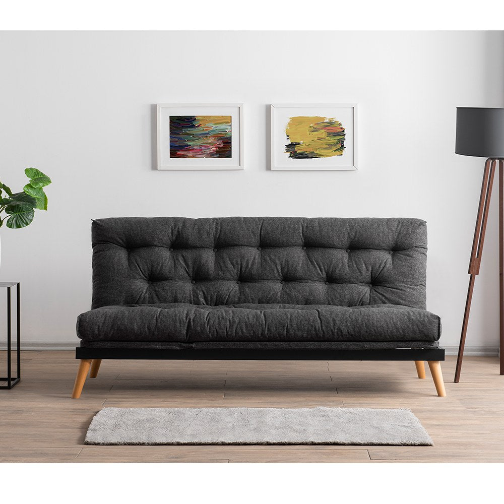 Sofá-cama de 3 lugares, linho cinza escuro, 185 x 82 x 92 cm | Estrutura 100% metálica, encosto ajustável em 14 níveis, transforma-se facilmente em cama | Elegante e funcional