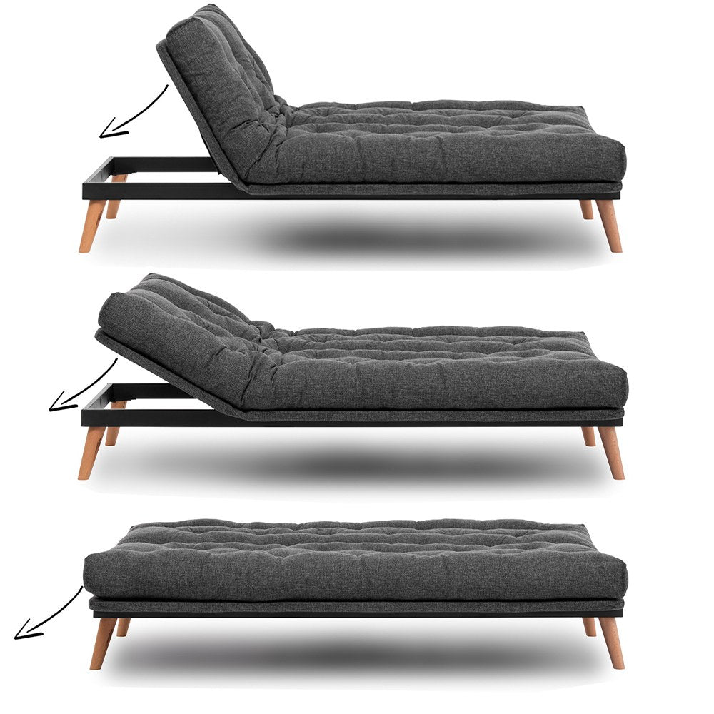 Sofá-cama de 3 lugares, linho cinza escuro, 185 x 82 x 92 cm | Estrutura 100% metálica, encosto ajustável em 14 níveis, transforma-se facilmente em cama | Elegante e funcional