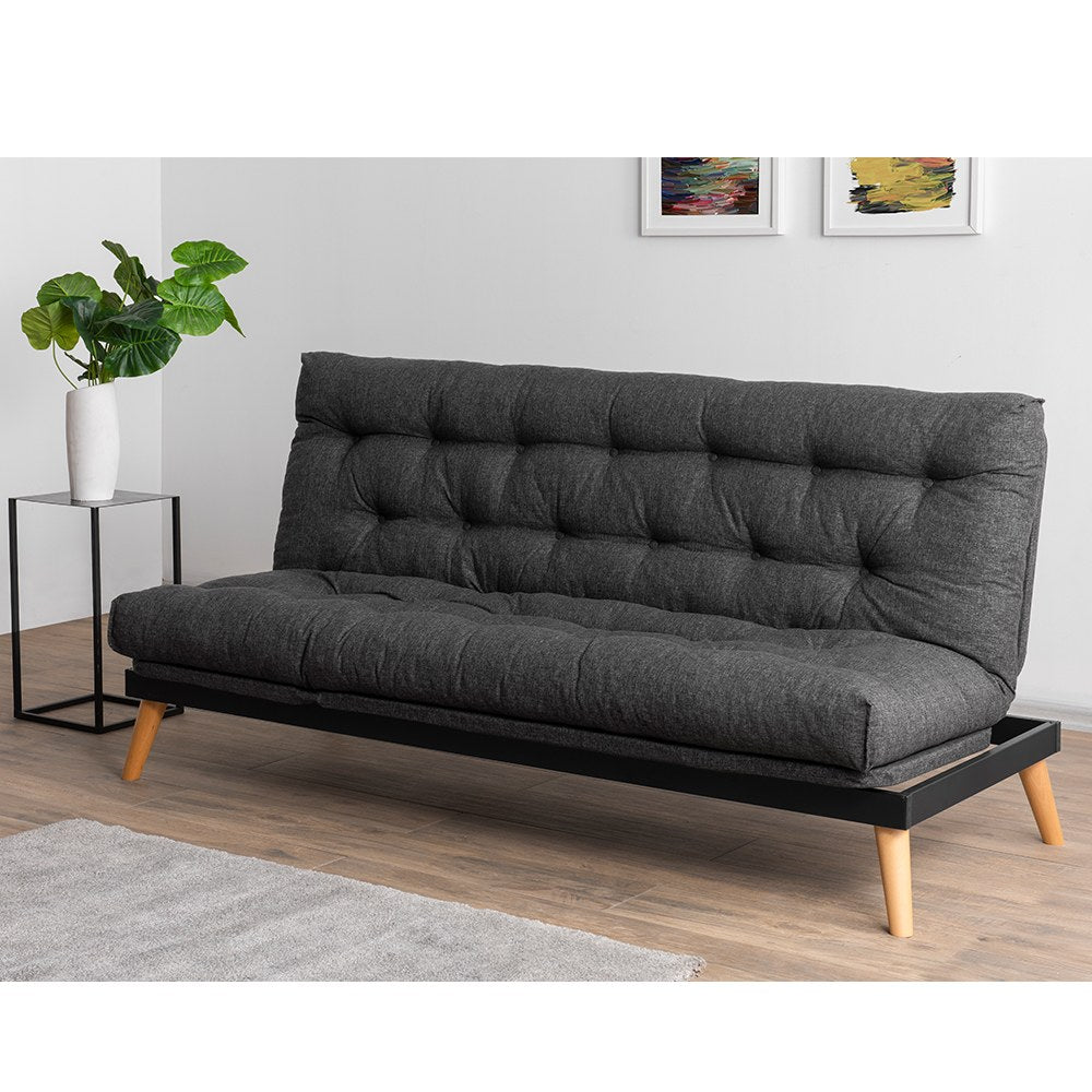 Sofá-cama de 3 lugares, linho cinza escuro, 185 x 82 x 92 cm | Estrutura 100% metálica, encosto ajustável em 14 níveis, transforma-se facilmente em cama | Elegante e funcional
