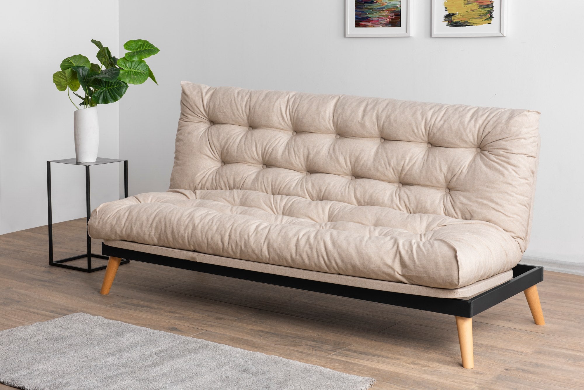 Sofá-cama de 3 lugares, linho creme, 185 x 82 x 92 cm | Estrutura 100% metálica, encosto ajustável em 14 níveis, transforma-se em cama | Elegante e funcional para uma vida moderna