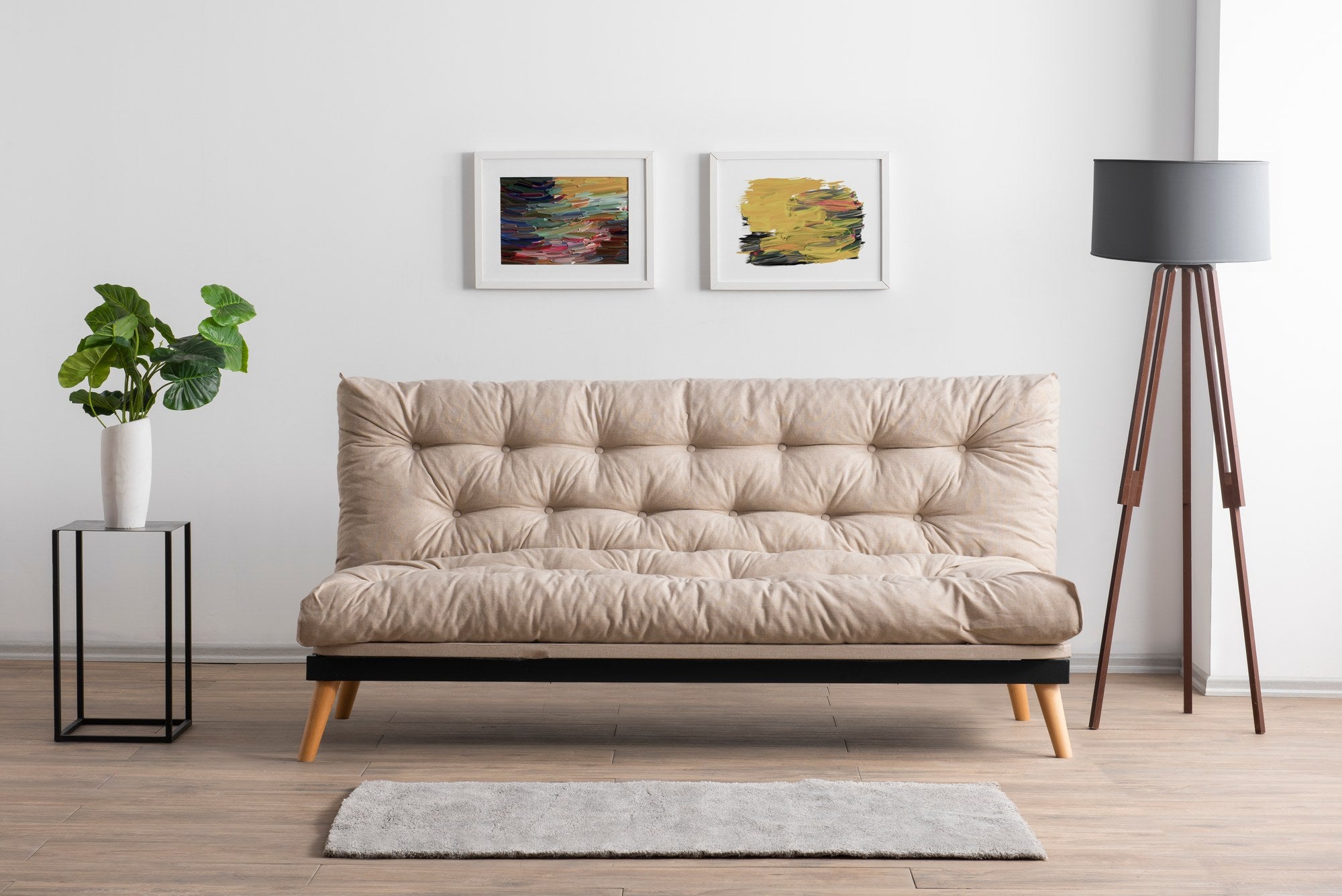 Sofá-cama de 3 lugares, linho creme, 185 x 82 x 92 cm | Estrutura 100% metálica, encosto ajustável em 14 níveis, transforma-se em cama | Elegante e funcional para uma vida moderna