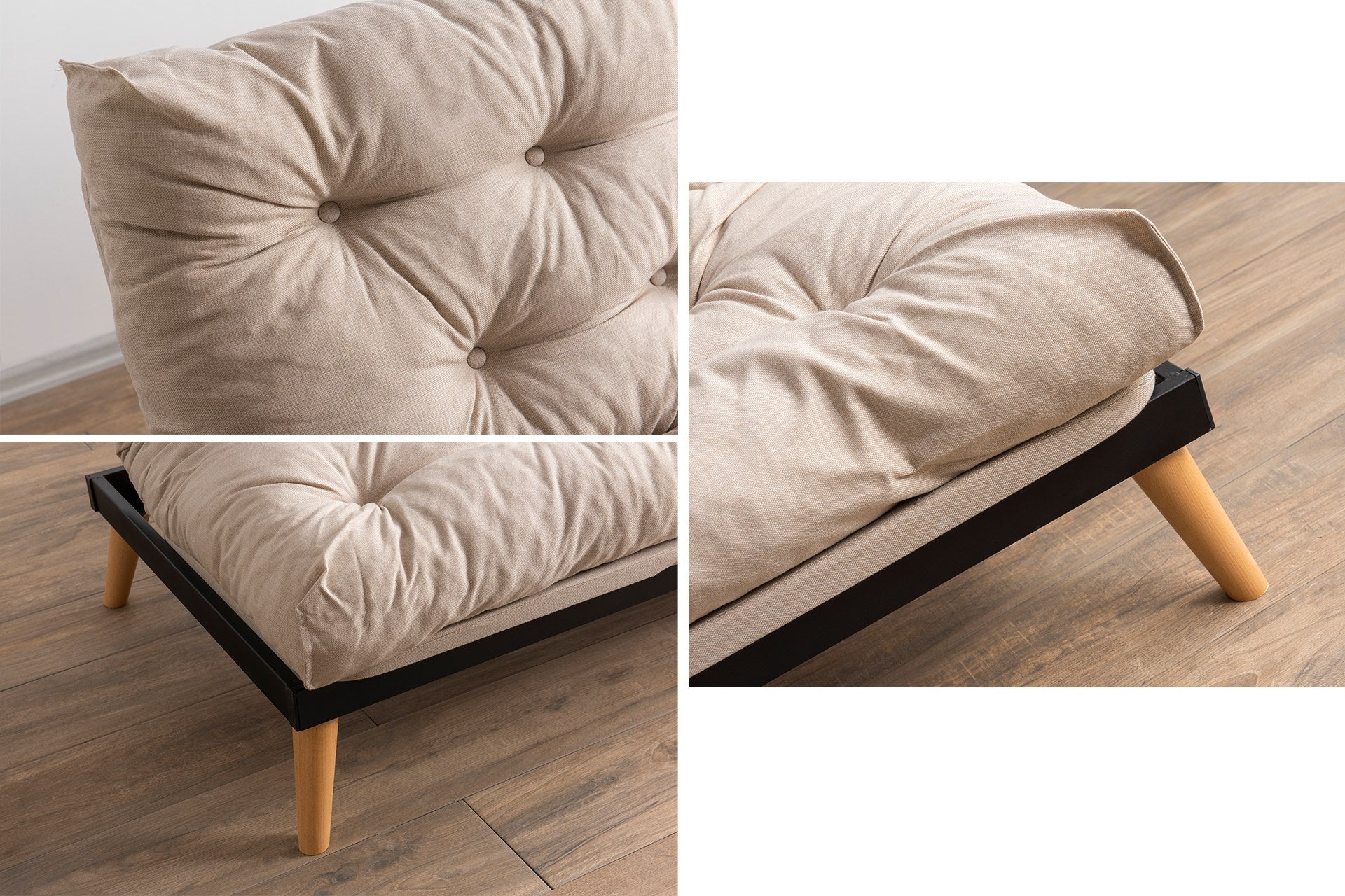 Sofá-cama de 3 lugares, linho creme, 185 x 82 x 92 cm | Estrutura 100% metálica, encosto ajustável em 14 níveis, transforma-se em cama | Elegante e funcional para uma vida moderna