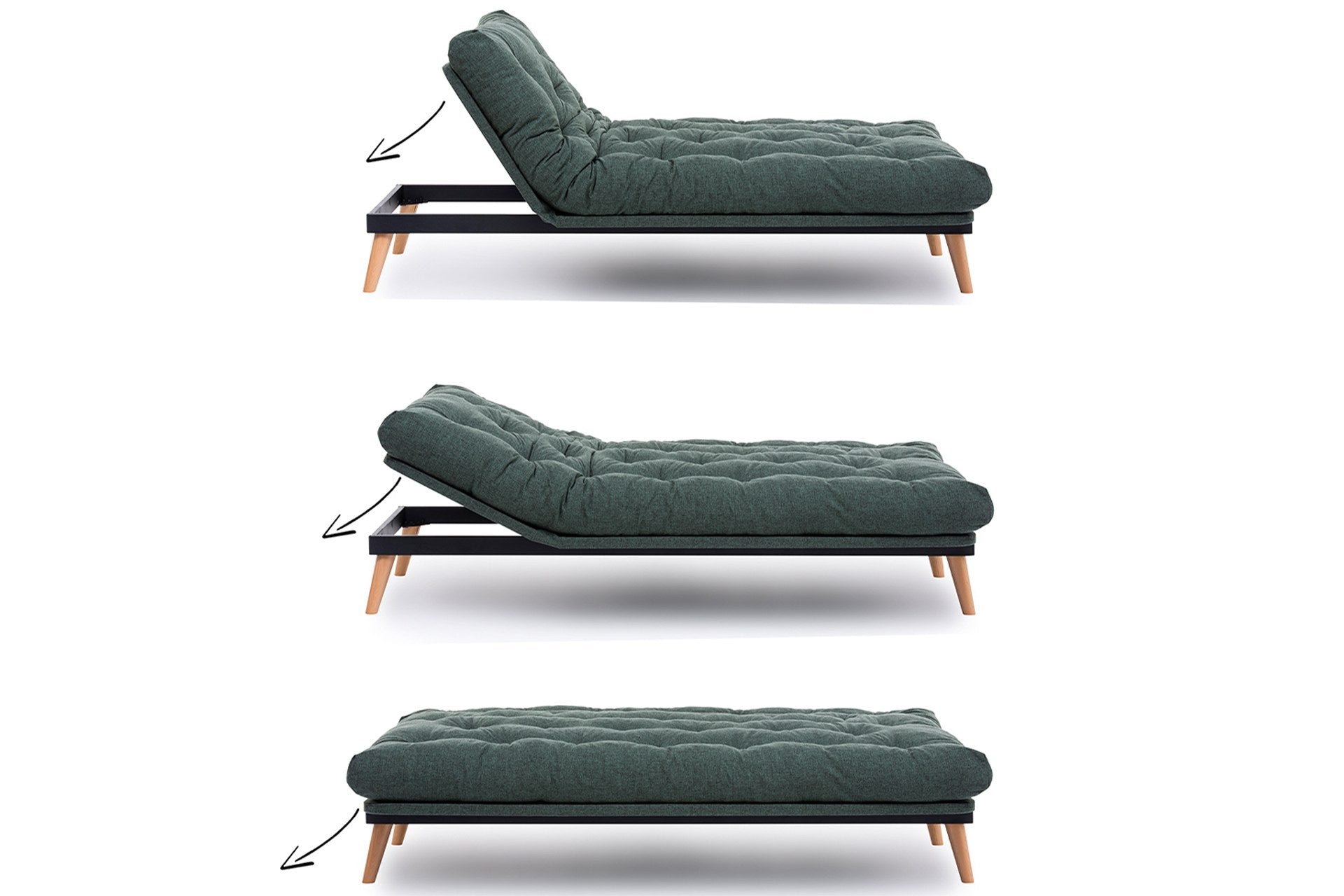 Sofá-cama de 3 lugares, tecido de linho verde, 185 x 82 x 92 cm | Estrutura 100% metálica, encosto ajustável em 14 níveis, fácil conversão para cama | Elegante e funcional