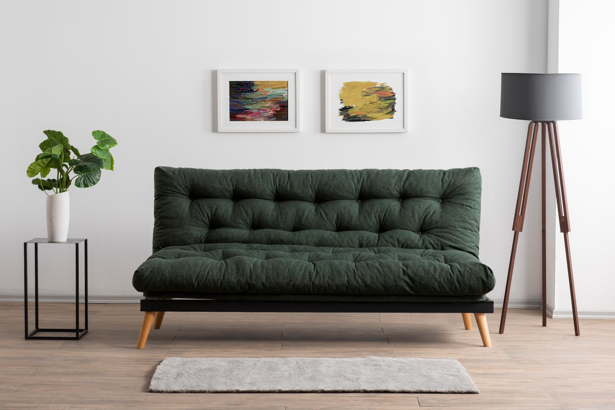 Sofá-cama de 3 lugares, tecido de linho verde, 185 x 82 x 92 cm | Estrutura 100% metálica, encosto ajustável em 14 níveis, fácil conversão para cama | Elegante e funcional