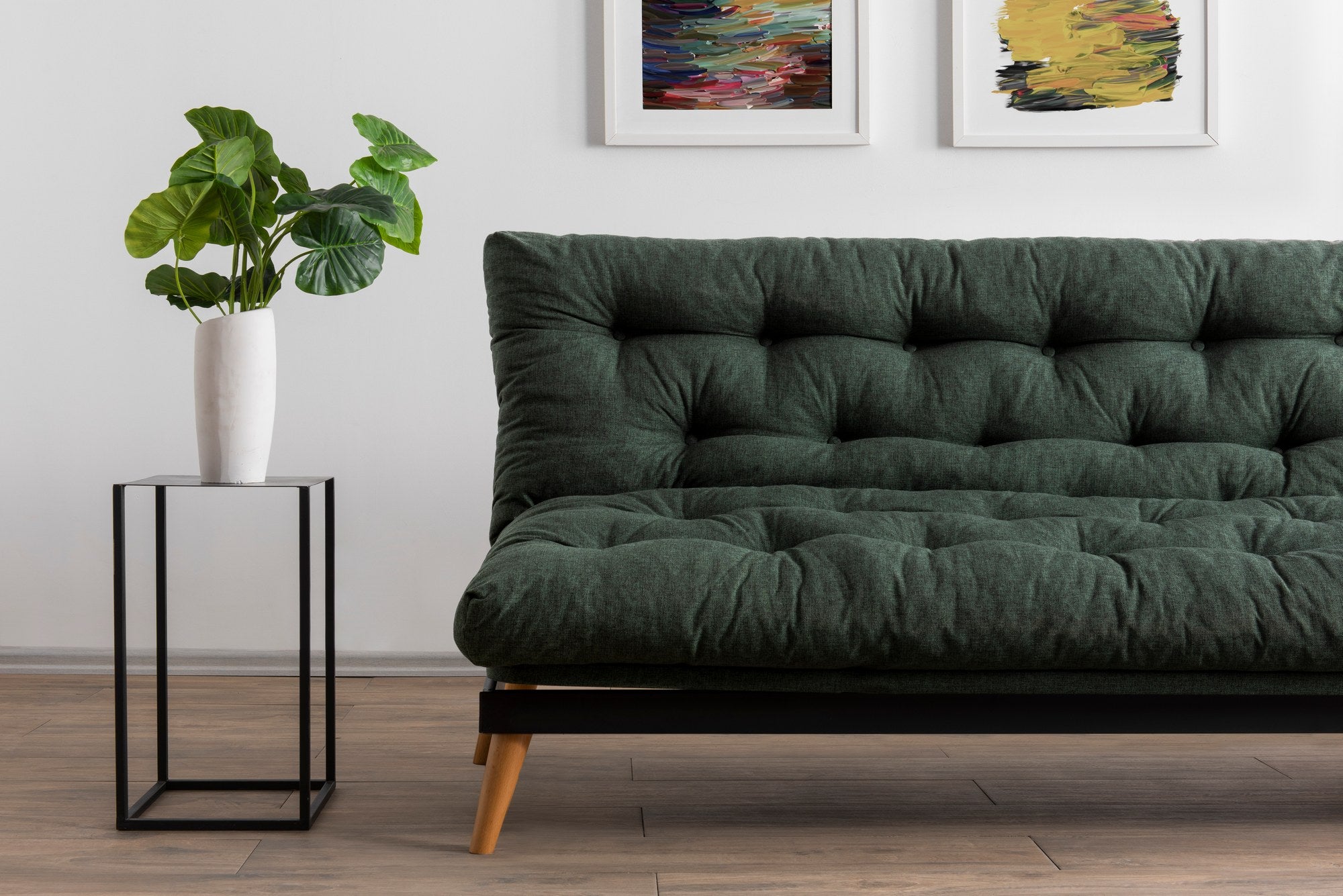 Sofá-cama de 3 lugares, tecido de linho verde, 185 x 82 x 92 cm | Estrutura 100% metálica, encosto ajustável em 14 níveis, fácil conversão para cama | Elegante e funcional