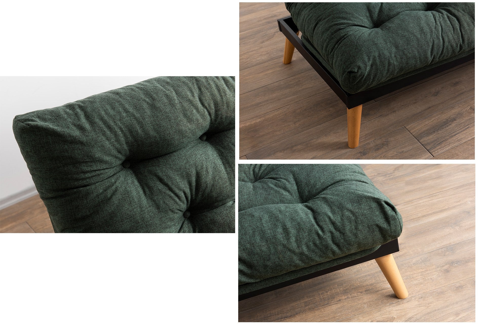 Sofá-cama de 3 lugares, tecido de linho verde, 185 x 82 x 92 cm | Estrutura 100% metálica, encosto ajustável em 14 níveis, fácil conversão para cama | Elegante e funcional