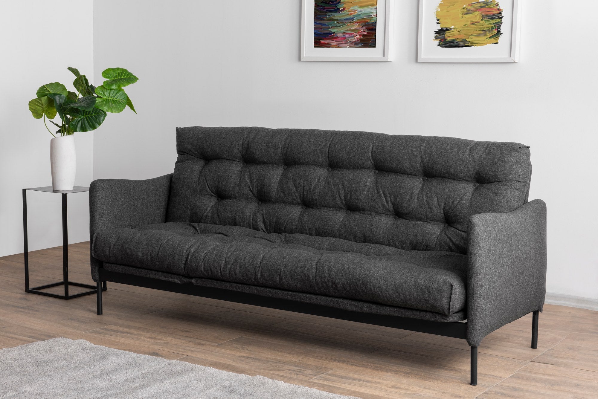 Sofá-cama elegante de 3 lugares, linho cinza escuro, 200 cm | Estrutura 100% metálica, encosto ajustável em 14 níveis, transforma-se em cama (185 x 120 cm) | Conforto e versatilidade modernos