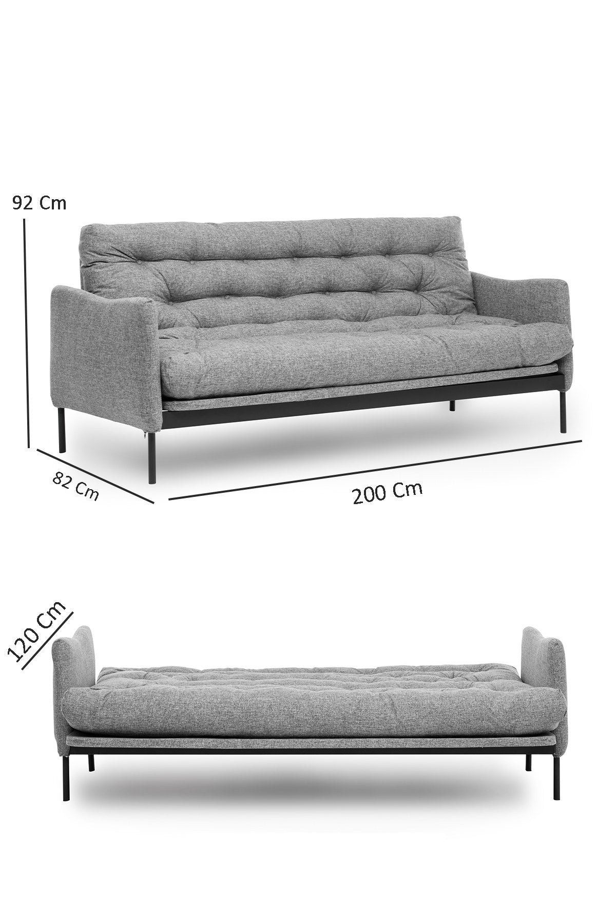 Sofá-cama elegante de 3 lugares, linho cinza escuro, 200 cm | Estrutura 100% metálica, encosto ajustável em 14 níveis, transforma-se em cama (185 x 120 cm) | Conforto e versatilidade modernos
