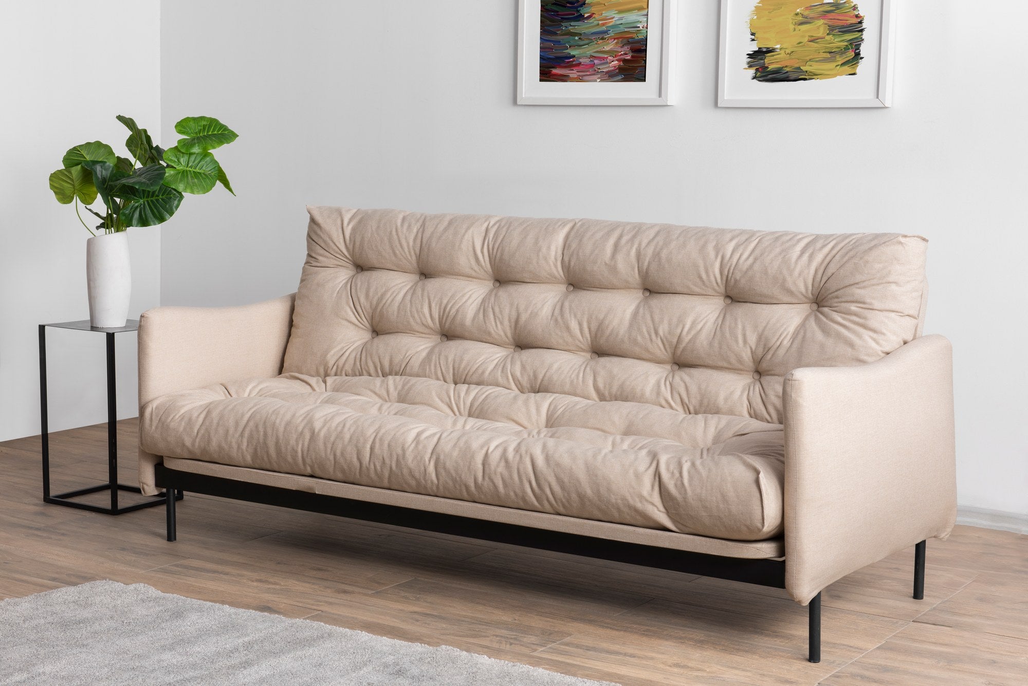 Sofá-cama de 3 lugares, linho creme, 200 cm | Estrutura 100% metálica, encosto ajustável em 14 níveis, transforma-se em cama (185 x 120 cm) | Elegante e funcional para uma vida moderna
