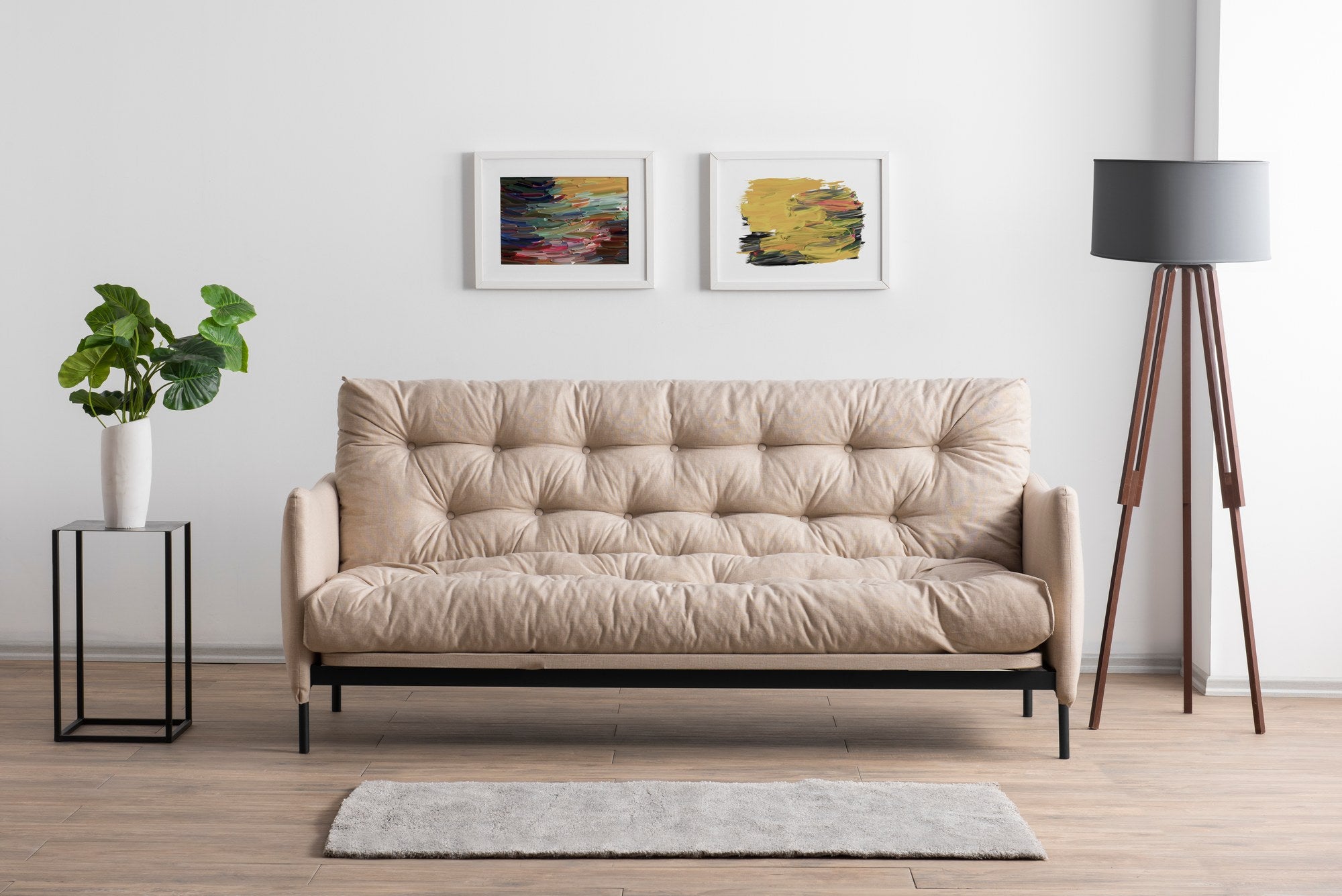 Sofá-cama de 3 lugares, linho creme, 200 cm | Estrutura 100% metálica, encosto ajustável em 14 níveis, transforma-se em cama (185 x 120 cm) | Elegante e funcional para uma vida moderna